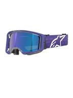 Alpinestars Vision 8 Corp Goggles, motorcrossbril, paars en spiegelend blauw, reflecterende blauwe lens met de tekst 'One Goal. One Vision.', paars frame met brede band en wit Alpinestars-logo, off-road race-oogbescherming