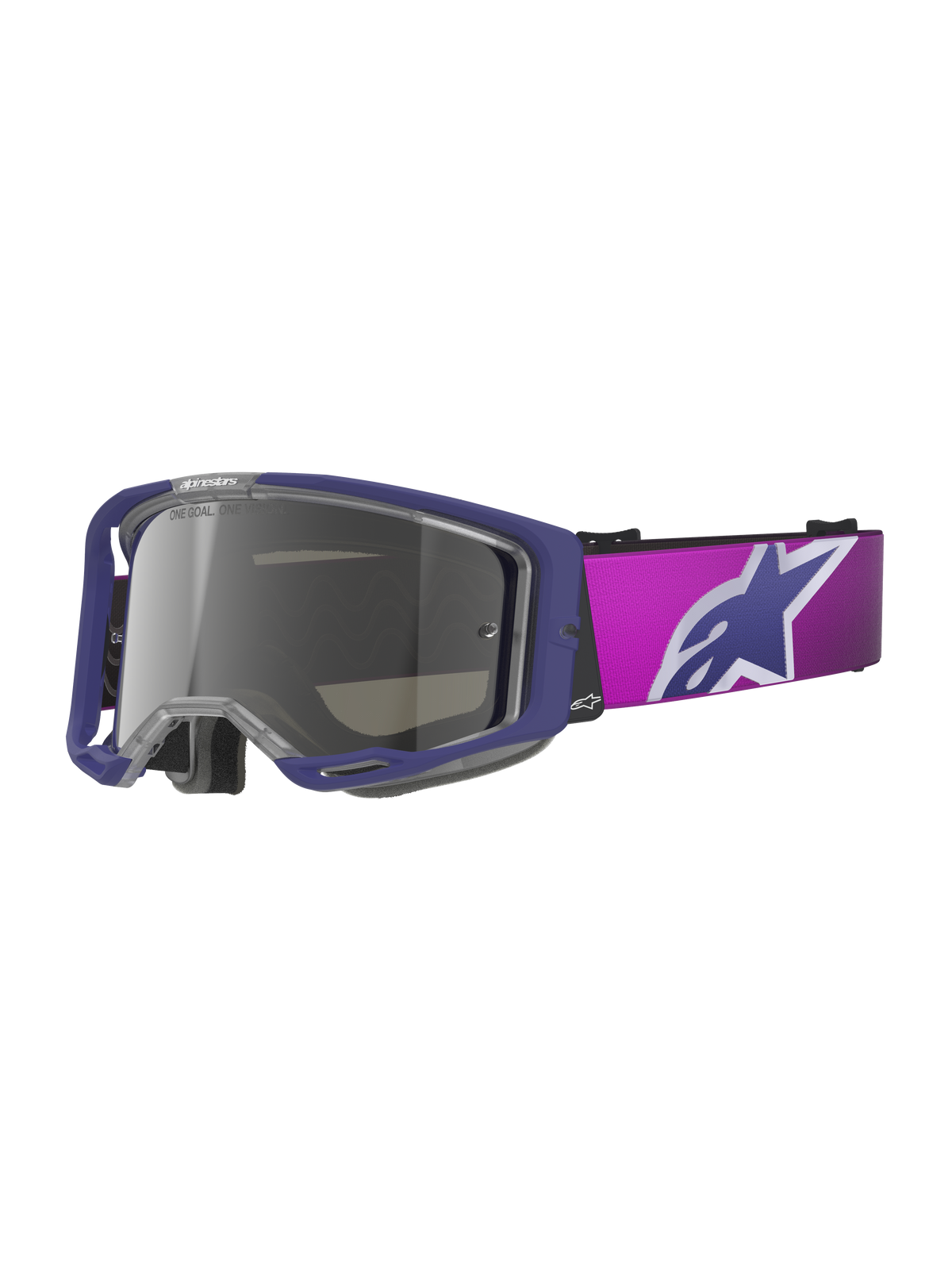 Alpinestars Vision 8 Corp Goggles, Motocross Goggles, Purple and Pink with Light Gray Mirror Silver lens, featuring a large Alpinestars star logo on the strap, lightweight A-FLEX frame design for off-road racing