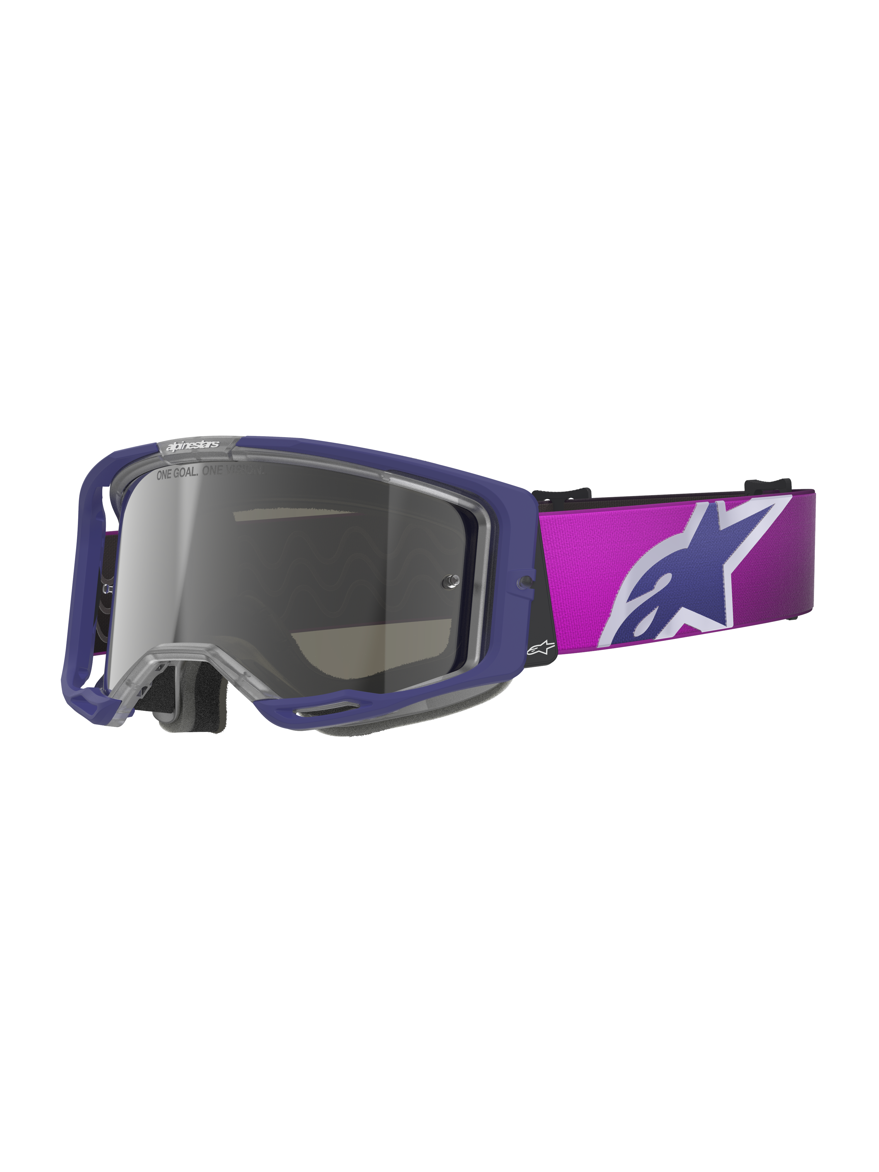 Alpinestars Vision 8 Corp Goggles, motocrossbril, paars en roze met lichtgrijze Mirror Silver lens, voorzien van een groot Alpinestars ster-logo op de band, lichtgewicht A-FLEX frame-ontwerp voor off-road racing