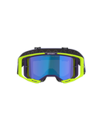 Alpinestars Vision 8 Corp Goggles, Motocross Goggles, Purple and Yellow Fluo, featuring a blue mirror-tinted lens, fluorescent yellow A-FLEX frame with purple accents, and an adjustable purple strap, high-performance off-road eyewear