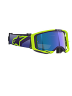 Alpinestars Vision 8 Corp Goggles, Motocross Goggles, Purple and Fluorescent Yellow, featuring a Mirror Blue lens, wide purple strap with bold yellow Alpinestars logo, flexible frame with ventilation details for off-road performance