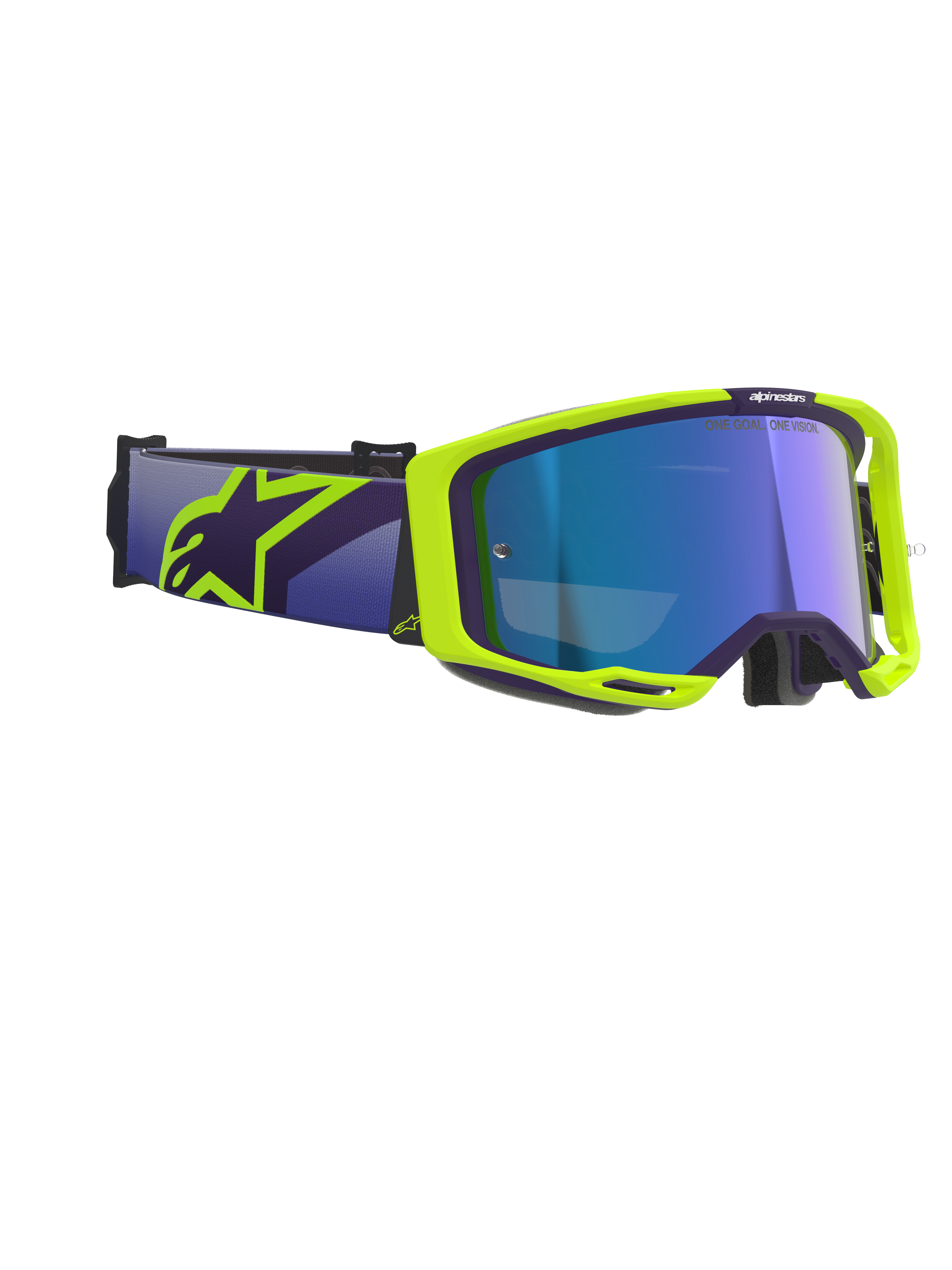 Alpinestars Vision 8 Corp Goggles, Motocross Goggles, Purple and Fluorescent Yellow, featuring a Mirror Blue lens, wide purple strap with bold yellow Alpinestars logo, flexible frame with ventilation details for off-road performance