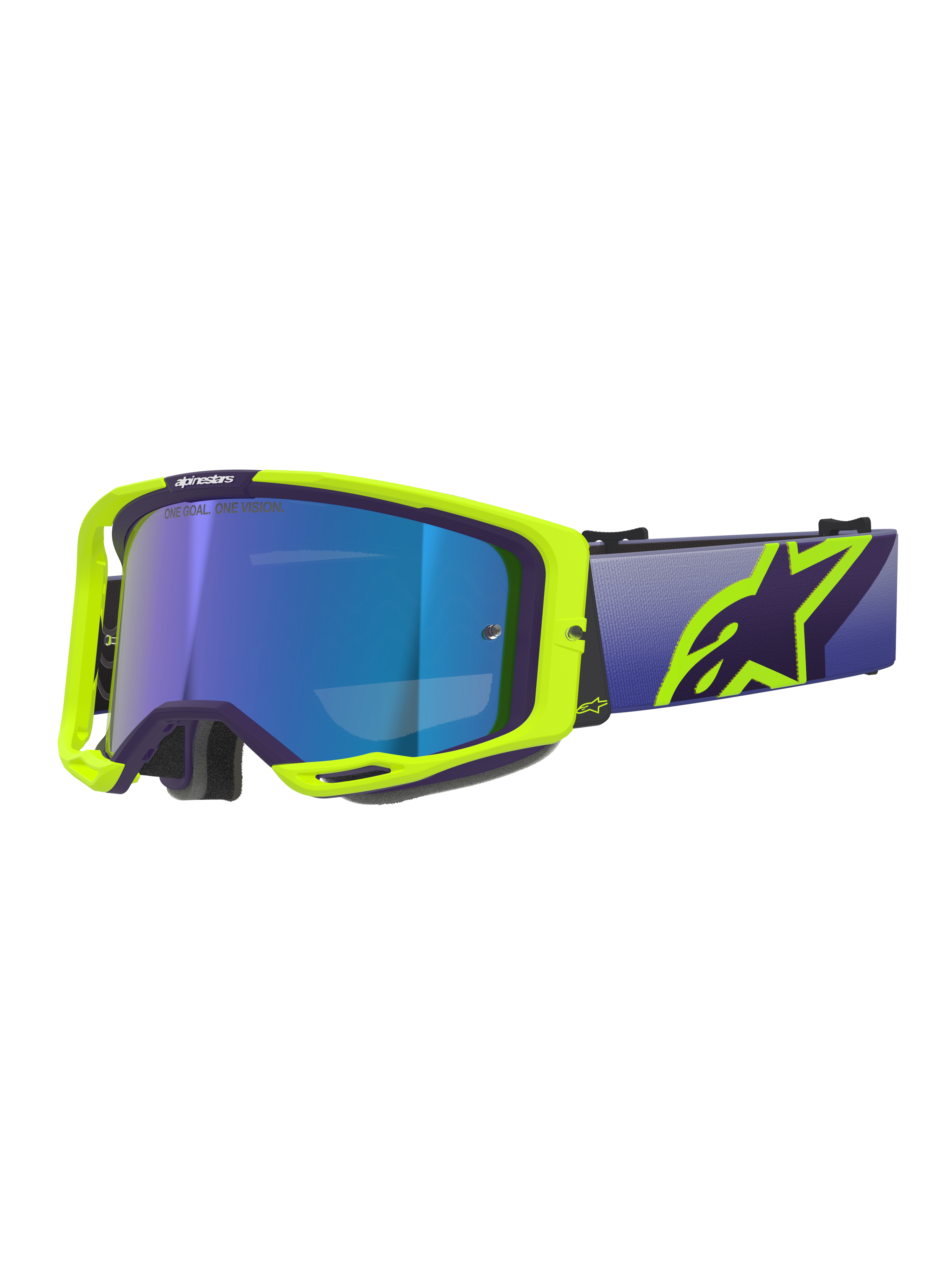 Masque Alpinestars Vision 8 Corp, masque de motocross, monture violette et jaune fluo avec écran teinté bleu miroir, doté d'une large sangle violette et d'un logo Alpinestars jaune vif, lunettes haute performance pour la course tout-terrain