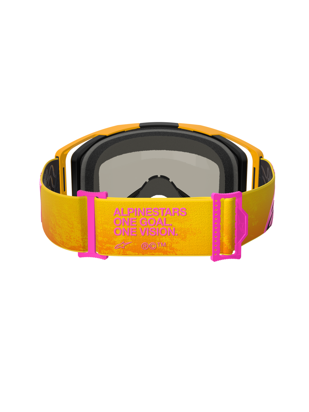 Alpinestars Vision 8 Corp Goggles, Motocross Goggles, Orange and Yellow with Pink accents, rear view showing the strap with 'ALPINESTARS ONE GOAL. ONE VISION.' text, pink strap adjusters, orange frame with black foam padding