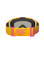 Alpinestars Vision 8 Corp Goggles, Motocross Goggles, Orange and Yellow with Pink accents, rear view showing the strap with 'ALPINESTARS ONE GOAL. ONE VISION.' text, pink strap adjusters, orange frame with black foam padding
