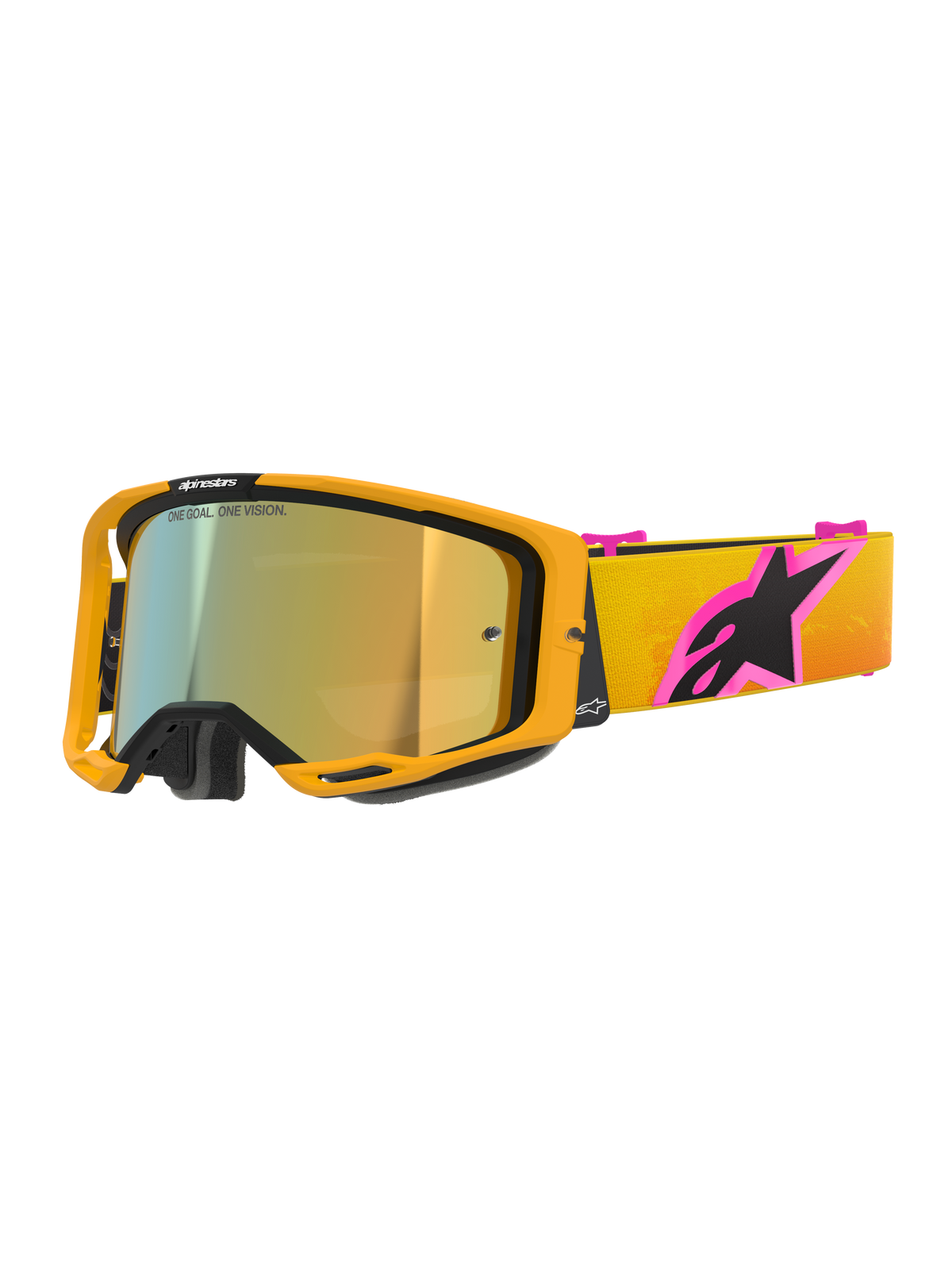 Alpinestars Vision 8 Corp Goggles, Motocross Goggles, Orange frame with Mirror Gold lens, Yellow and Orange gradient strap with a large Pink and Black Alpinestars logo, sleek high-performance design for off-road racing