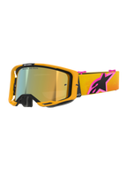 Alpinestars Vision 8 Corp Goggles, Motocross Goggles, Orange frame with Mirror Gold lens, Yellow and Orange gradient strap with a large Pink and Black Alpinestars logo, sleek high-performance design for off-road racing
