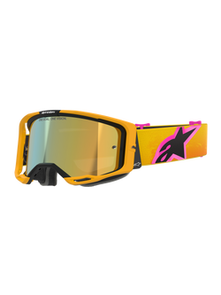 Masque Alpinestars Vision 8 Corp, masque de motocross, monture orange avec écran doré miroir, bandeau dégradé jaune et orange avec un grand logo Alpinestars rose et noir, design haute performance épuré pour la course tout-terrain