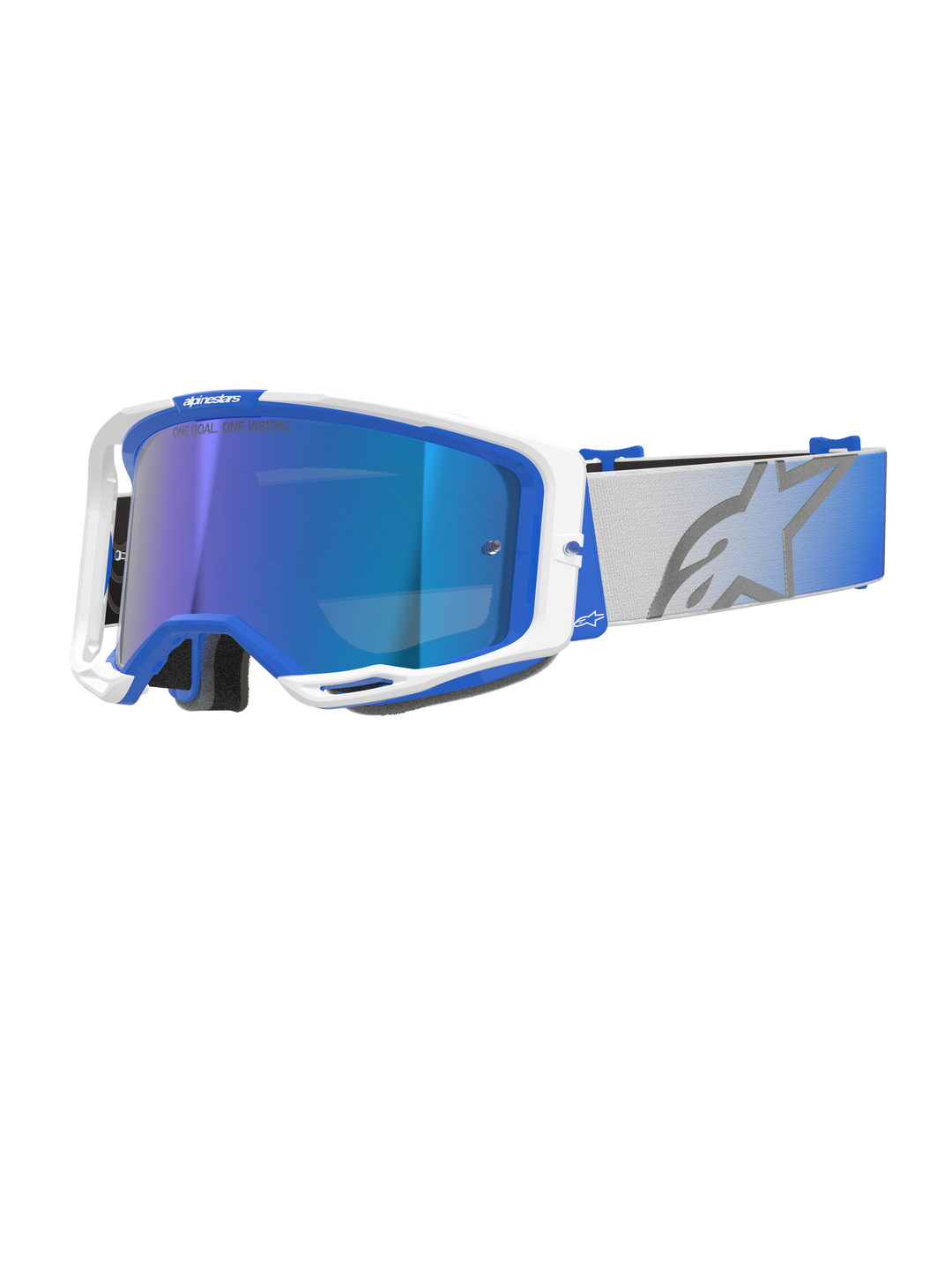 Alpinestars Vision 8 Corp Goggles, Motocross Goggles, Blue and White frame, Mirror Blue reflective lens with purple tint, wide adjustable gray strap with blue gradient and large star logo, featuring RAM-AIR ventilation and "ONE GOAL. ONE VISION." branding