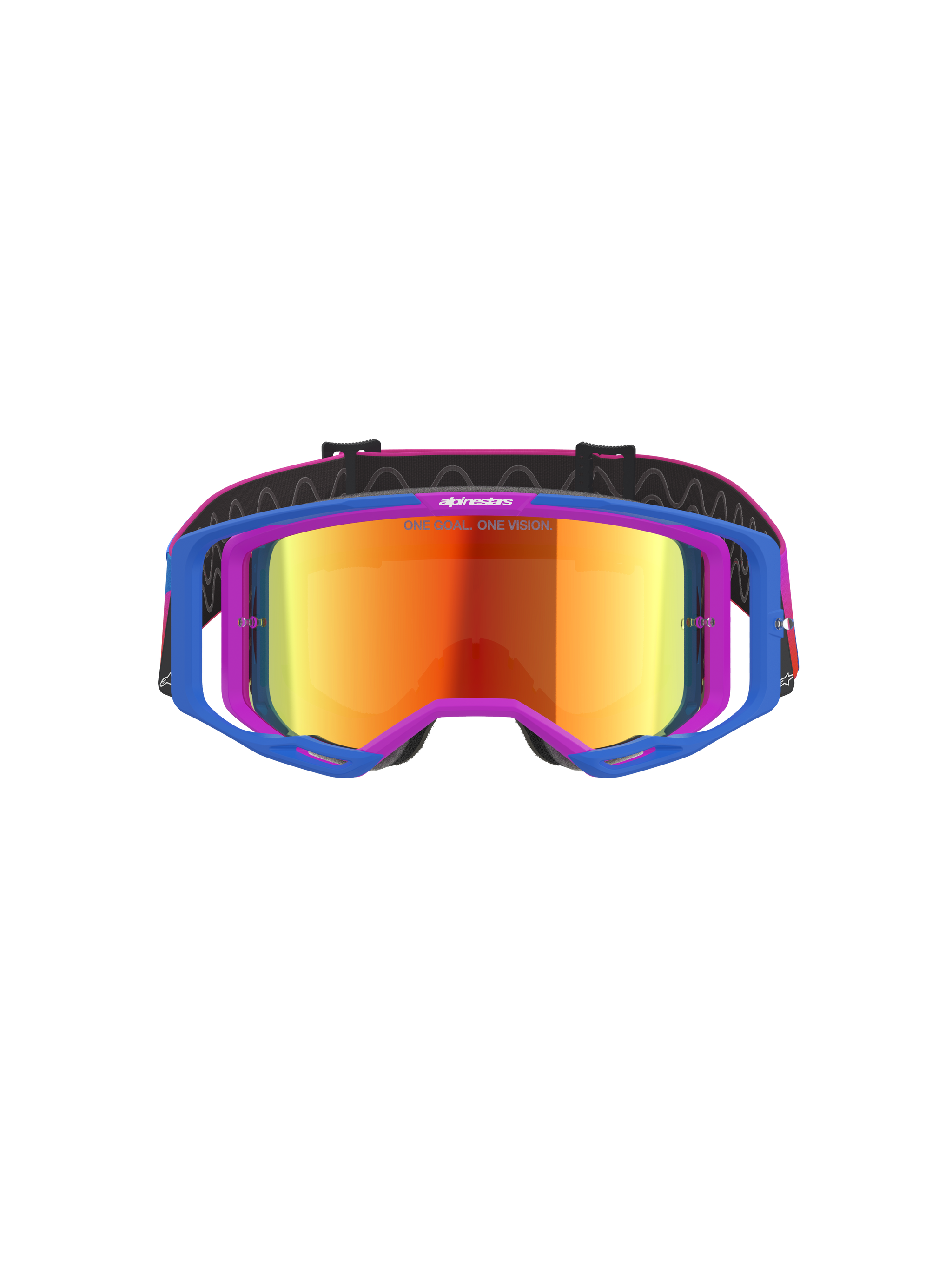 Alpinestars Vision 8 Corp Goggles, motocrossbril, blauw en paars frame met oranje en rode mirror lens, voorzien van blauwe outriggers en roze band, performance eyewear voor off-road en motorcross racing