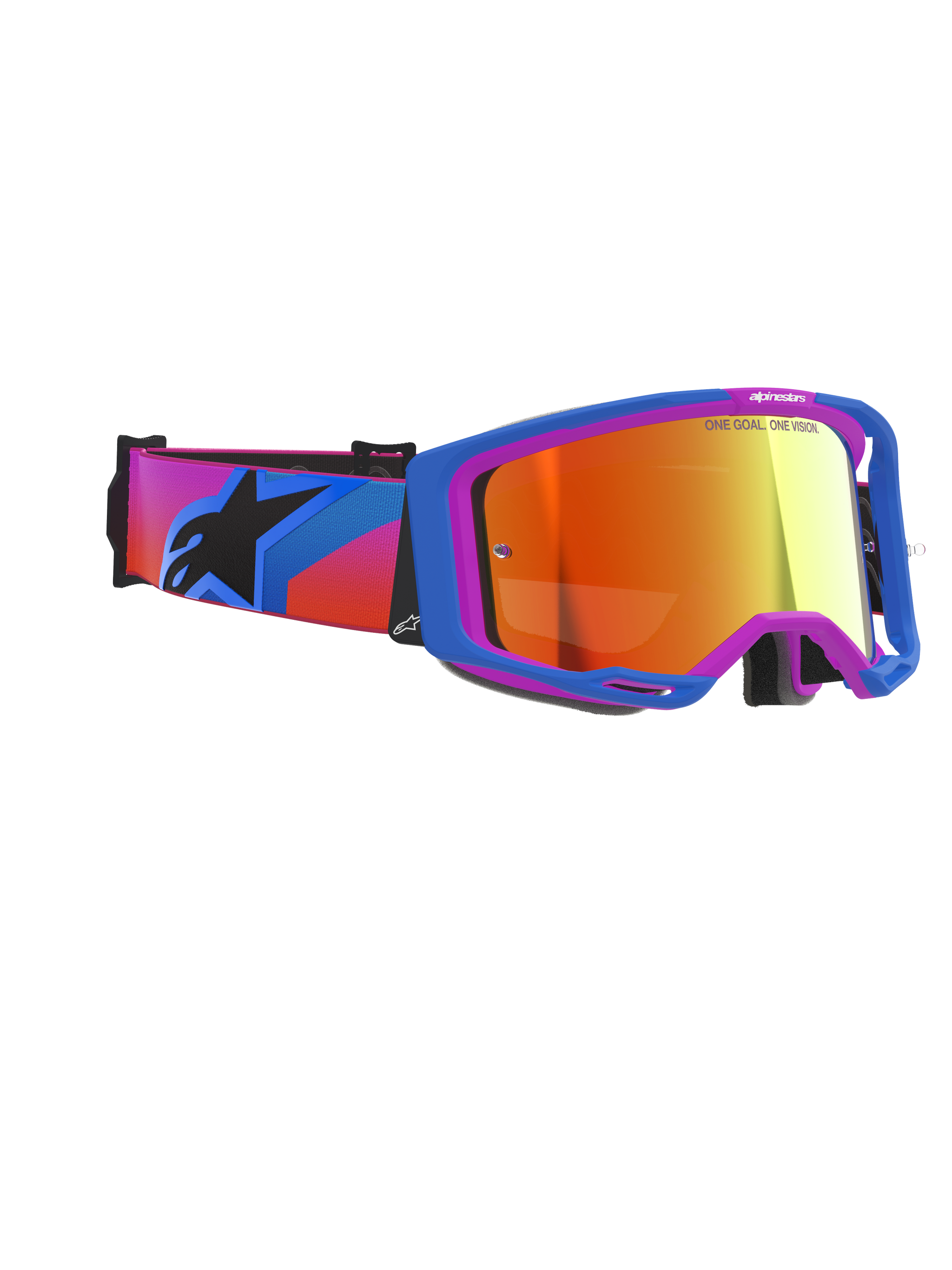Alpinestars Vision 8 Corp Goggles, motorcross bril, UCLA blauw en paars frame met Mirror Red lens, kleurrijke band met kleurverloop en zwart Alpinestars-logo, hoogwaardige off-road prestatiebril