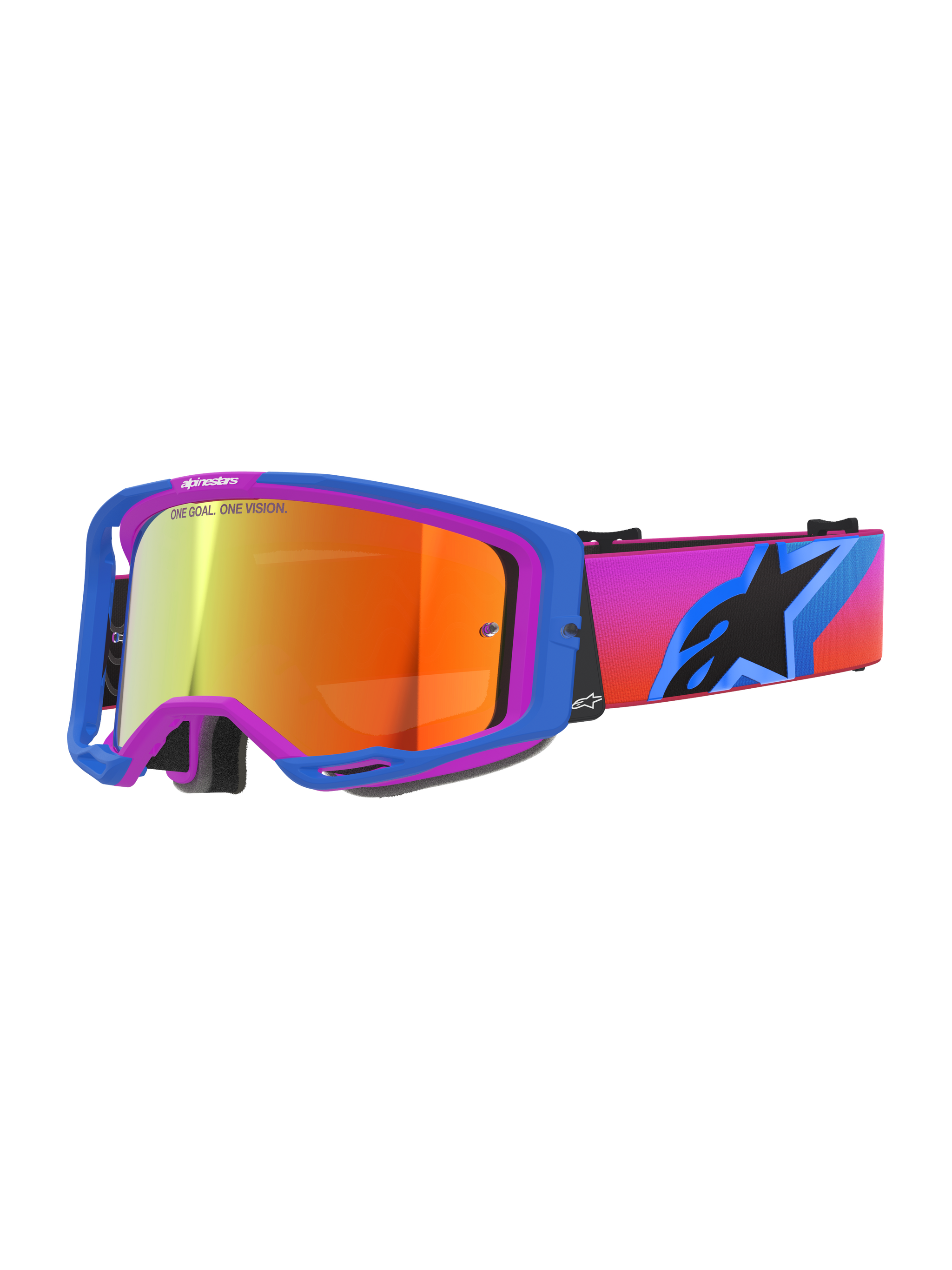 Alpinestars Vision 8 Corp Goggles, motorcrossbril, UCLA blauw en paars frame, rood gespiegelde lens, opvallende strap met kleurverloop en Alpinestars sterlogo, professionele off-road racebril