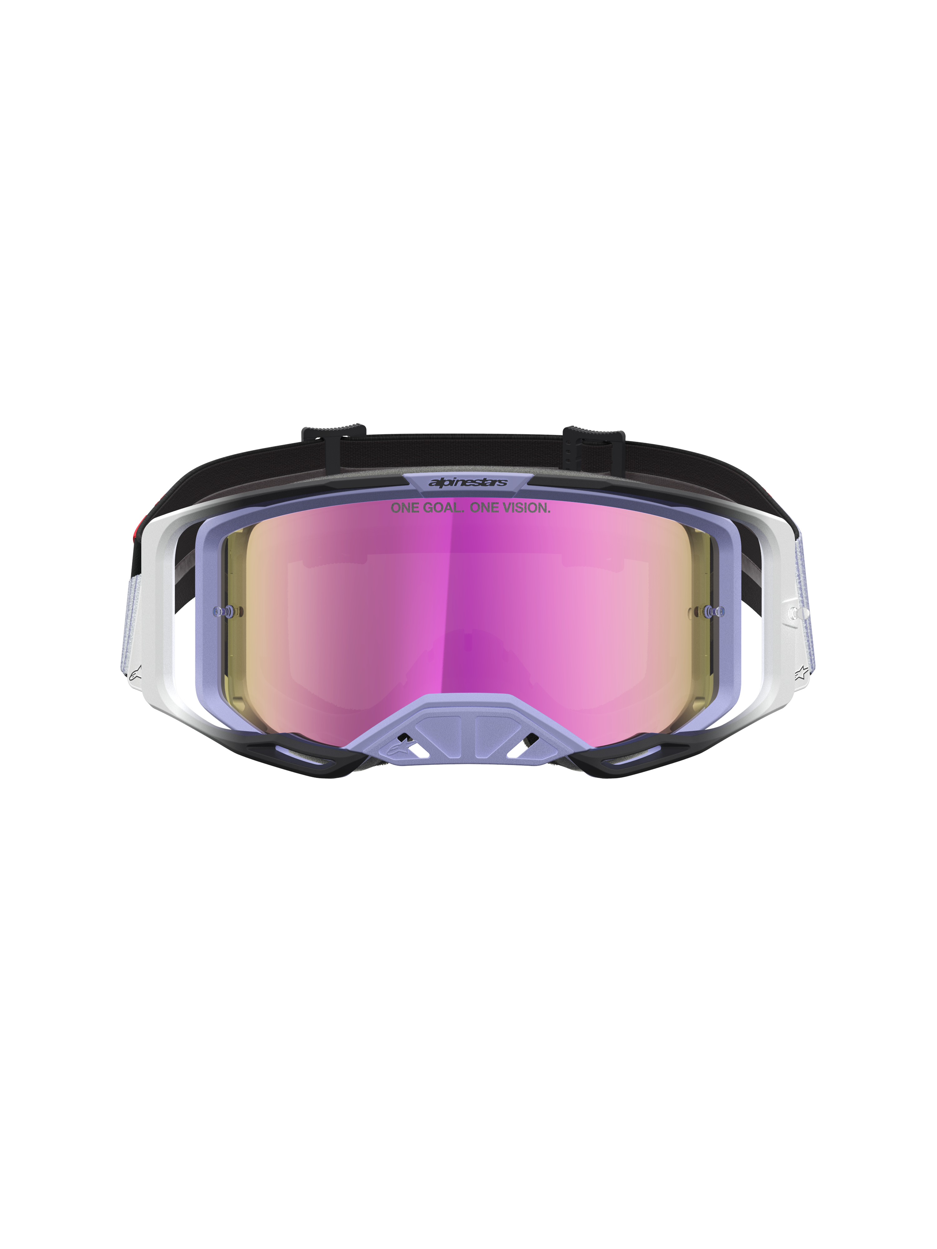 Alpinestars Vision 8 Maven MX-veiligheidsbril, lavendel en zwart met roze spiegelglas, A-FLEX frame en RAM-AIR ventilatie.