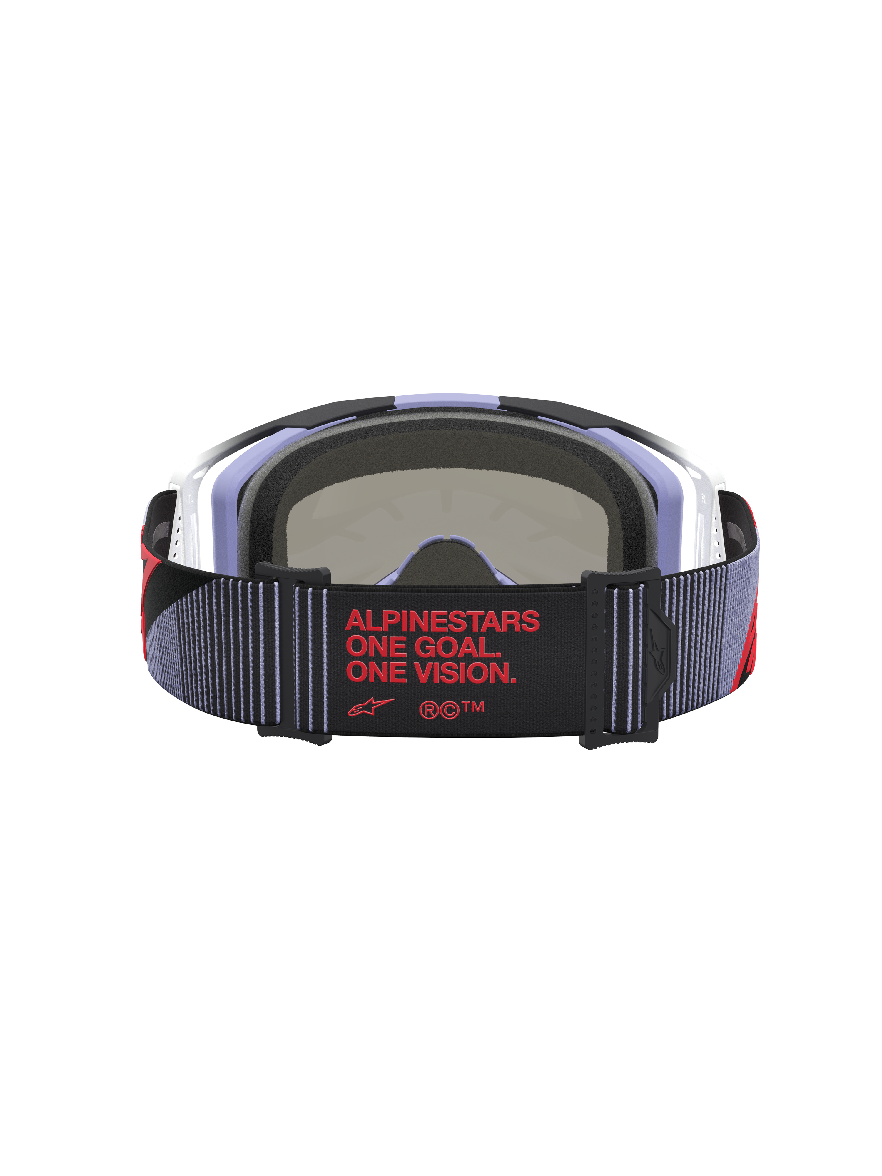 Alpinestars Vision 8 Maven veiligheidsbril, lavendel en zwart, achteraanzicht met rode "One Goal. One Vision." branding.