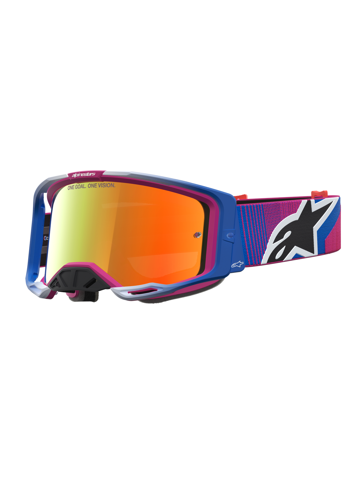 Alpinestars Vision 8 Maven veiligheidsbril, motocross, blauw en roze, rode spiegellens, lichtgewicht A-FLEX frame.