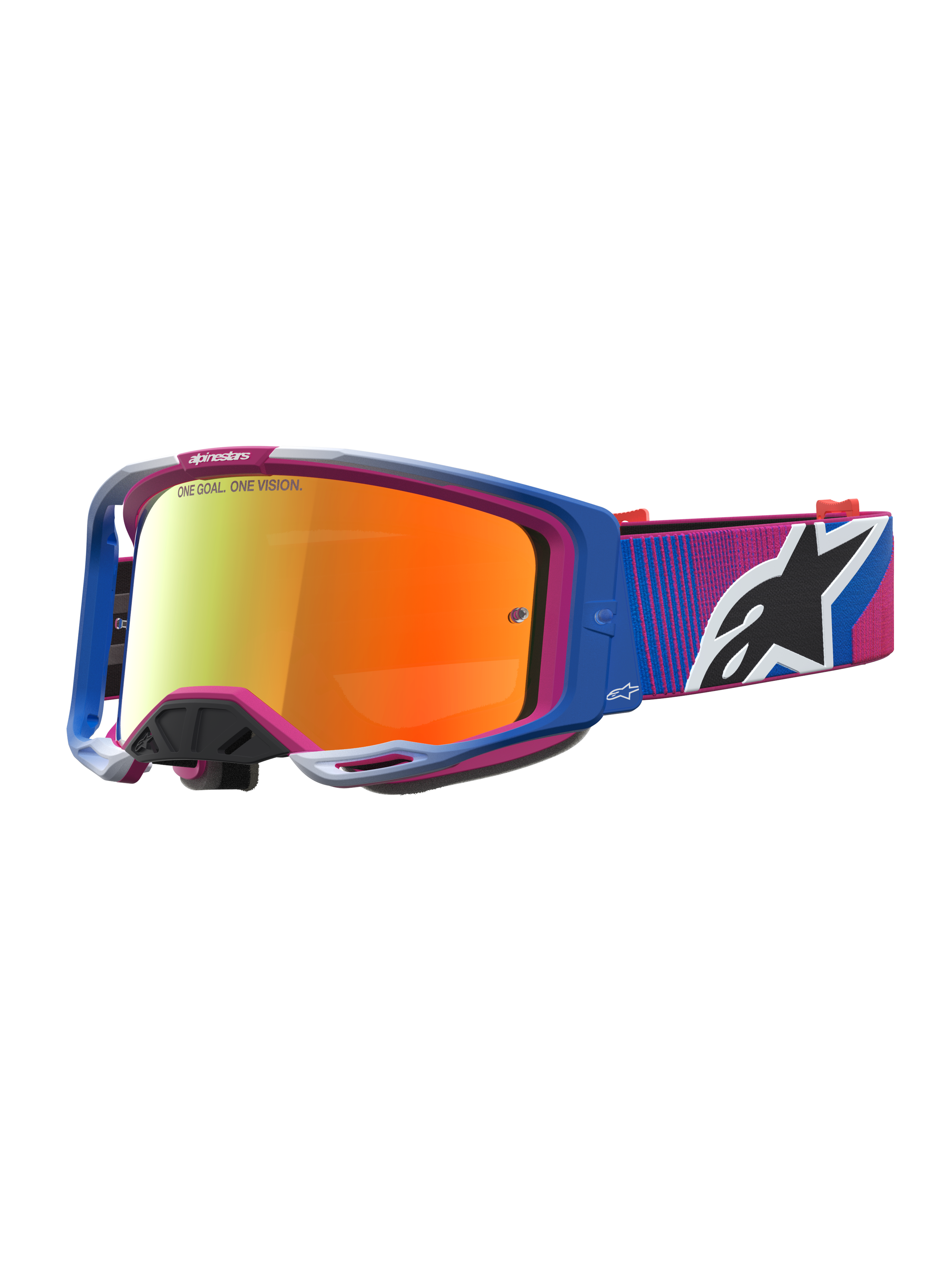 Alpinestars Vision 8 Maven veiligheidsbril, motocross, blauw en roze, rode spiegellens, lichtgewicht A-FLEX frame.