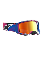 Alpinestars Vision 8 Maven veiligheidsbril, motocrossbril met blauw en roze A-FLEX frame en vuurrood gespiegelde lens.