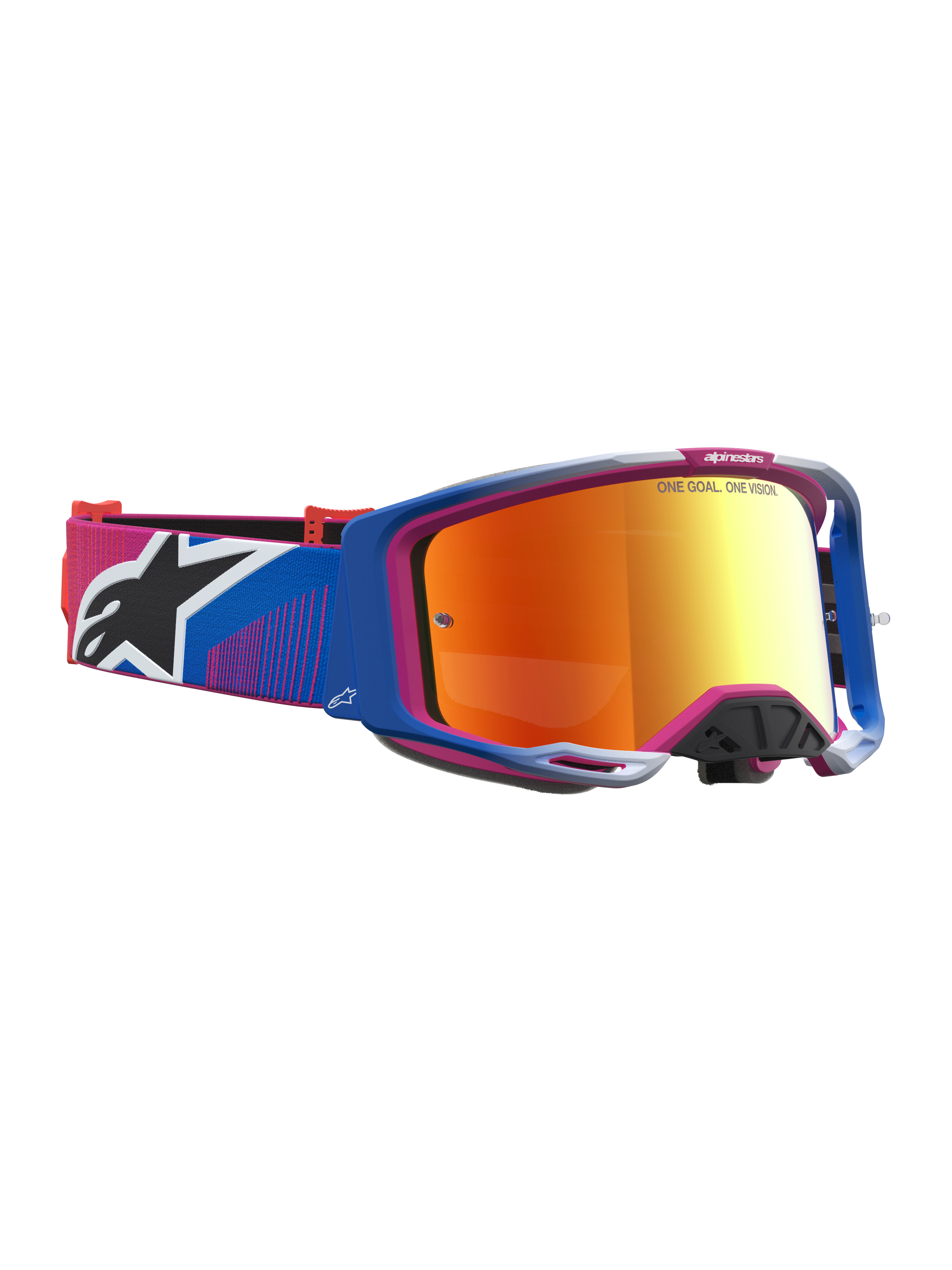 Alpinestars Vision 8 Maven veiligheidsbril, motocrossbril met blauw en roze A-FLEX frame en vuurrood gespiegelde lens.