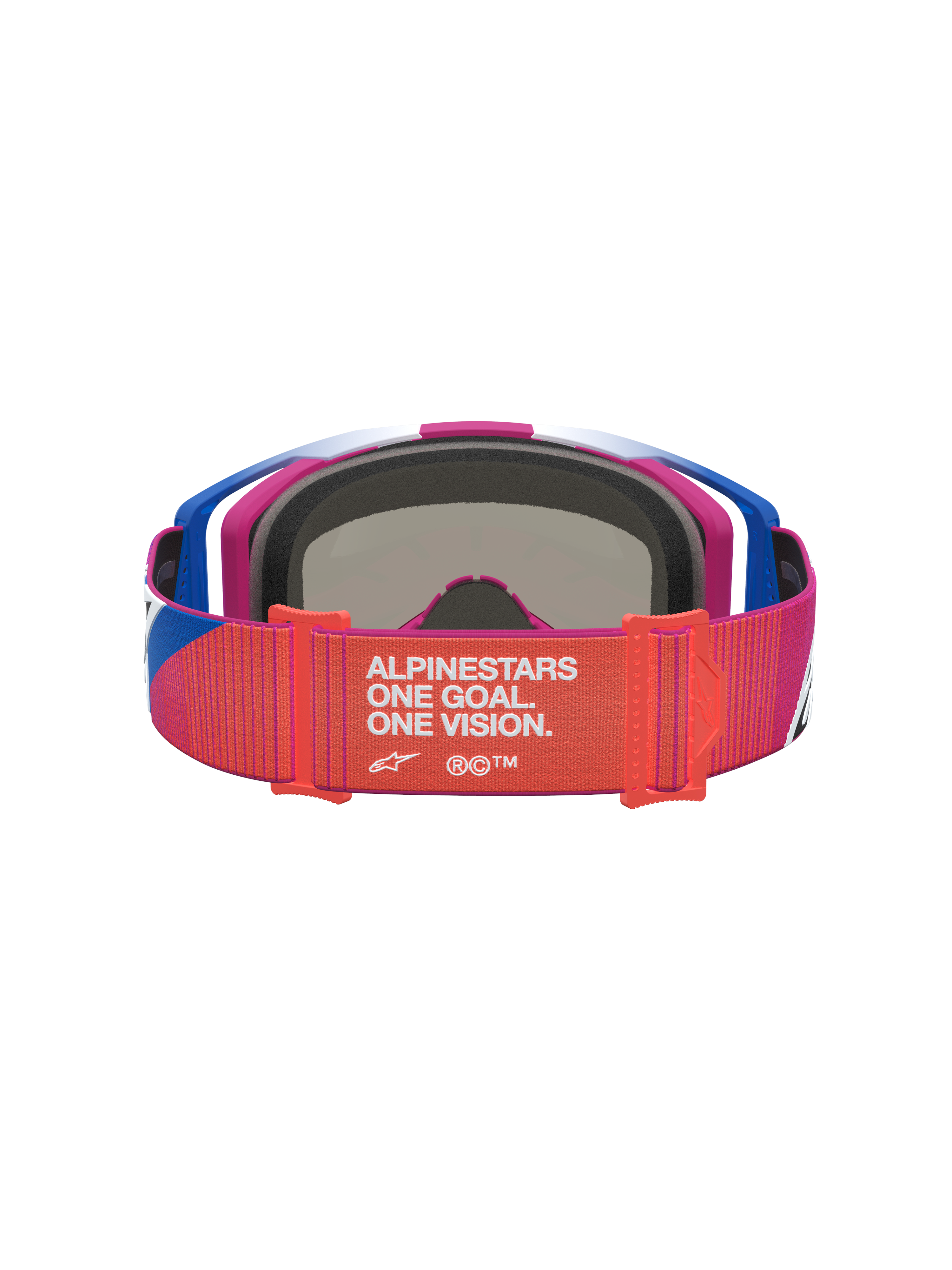 Alpinestars Vision 8 Maven veiligheidsbril, motocrossbril in rood en zwart, achteraanzicht met 'One Goal. One Vision.' band.