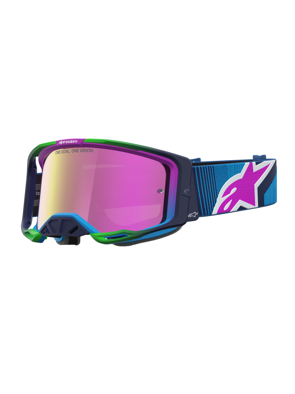 Alpinestars Vision 8 Maven veiligheidsbril in blauw en roze met RAM-AIR ventilatie en A-FLEX frame voor motocross.