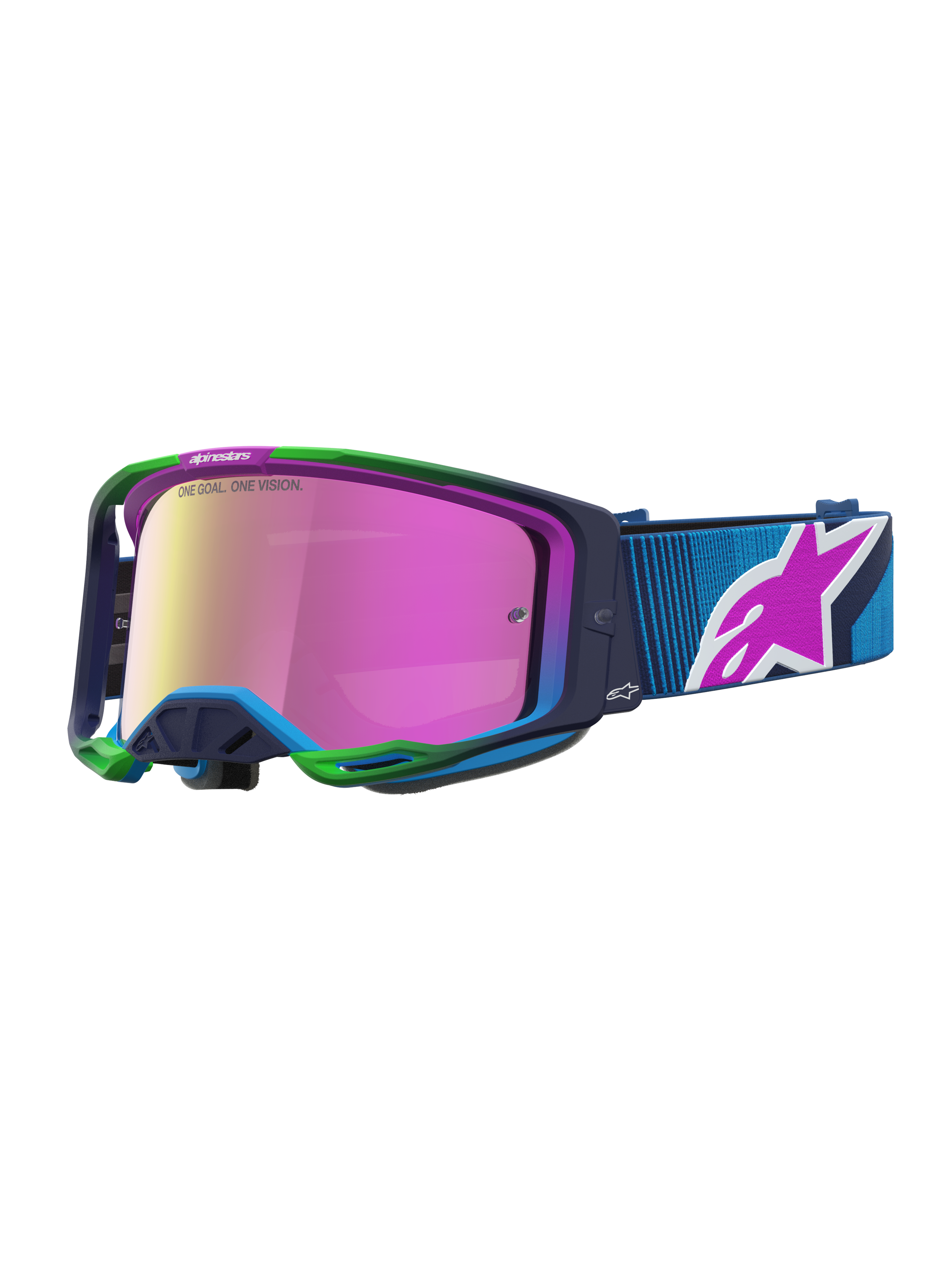 Alpinestars Vision 8 Maven veiligheidsbril in blauw en roze met RAM-AIR ventilatie en A-FLEX frame voor motocross.