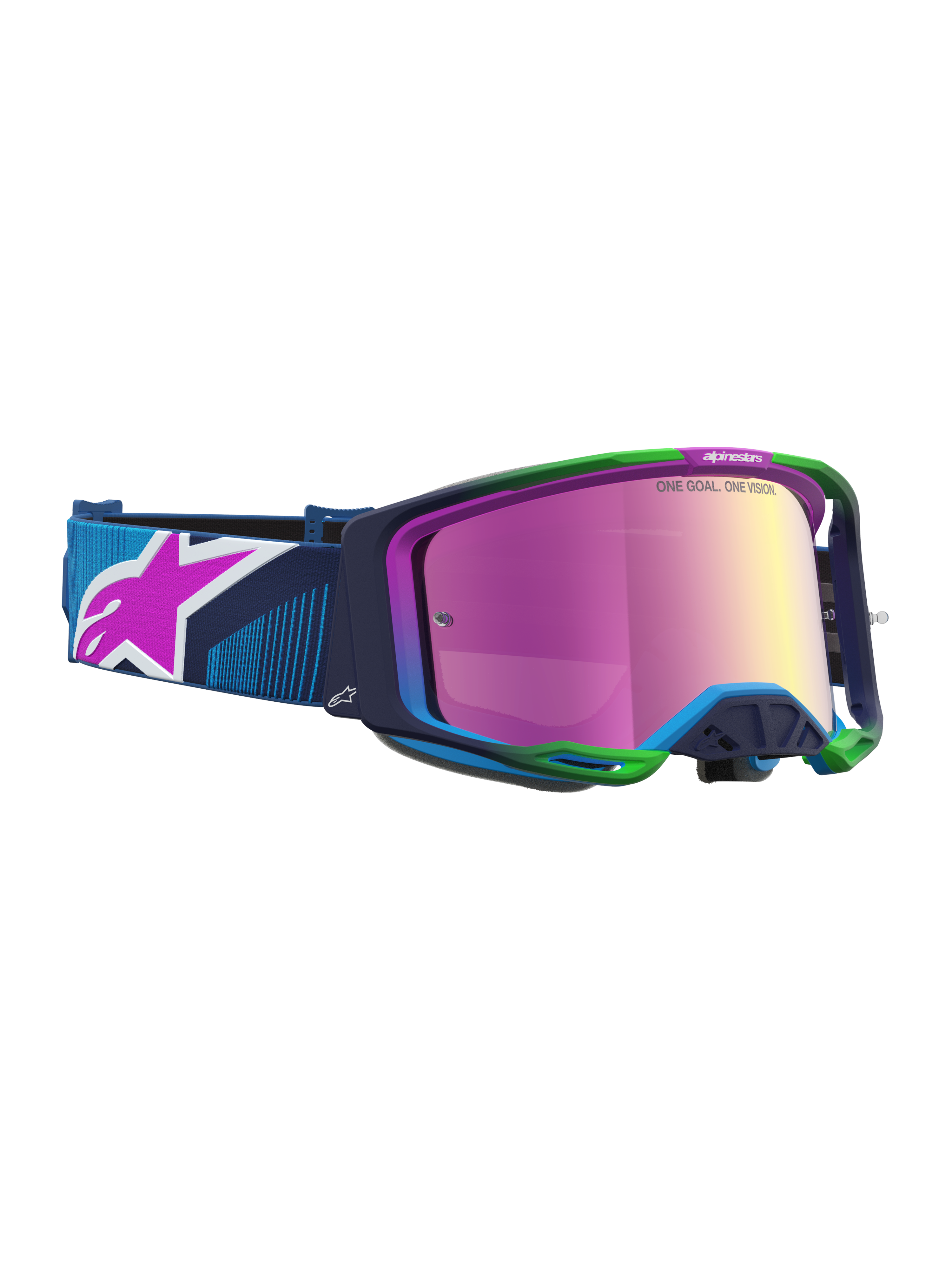 Alpinestars Vision 8 Maven veiligheidsbril, motorcrossbril, blauw en groen A-FLEX frame, roze spiegellens, RAM-AIR ventilatie.