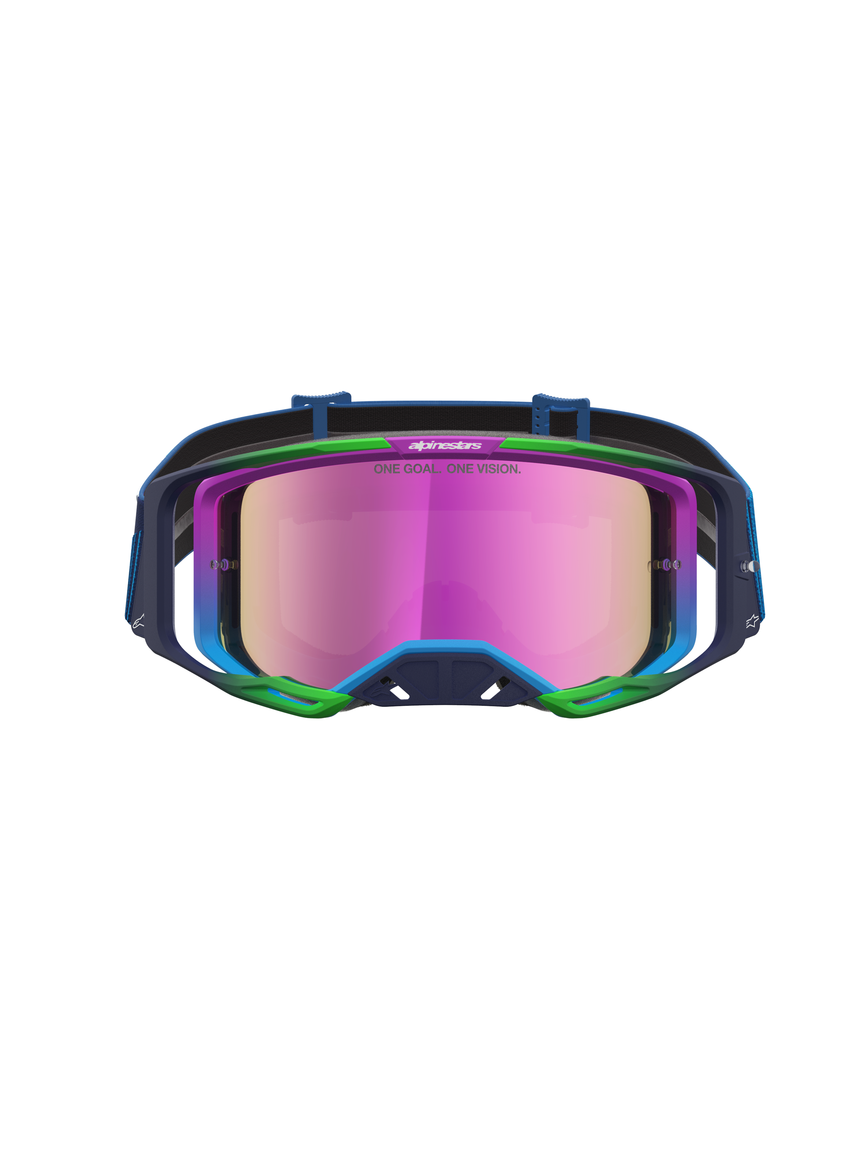Alpinestars Vision 8 Maven veiligheidsbril, motorcrossbril in blauw en roze met roze spiegelglas en RAM-AIR ventilatie.