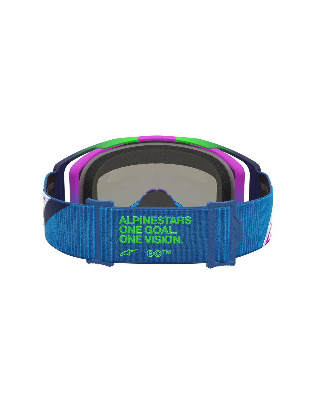 Alpinestars Vision 8 Maven veiligheidsbril, motorcross, blauw en paars, blauwe band met groen One Goal One Vision logo.
