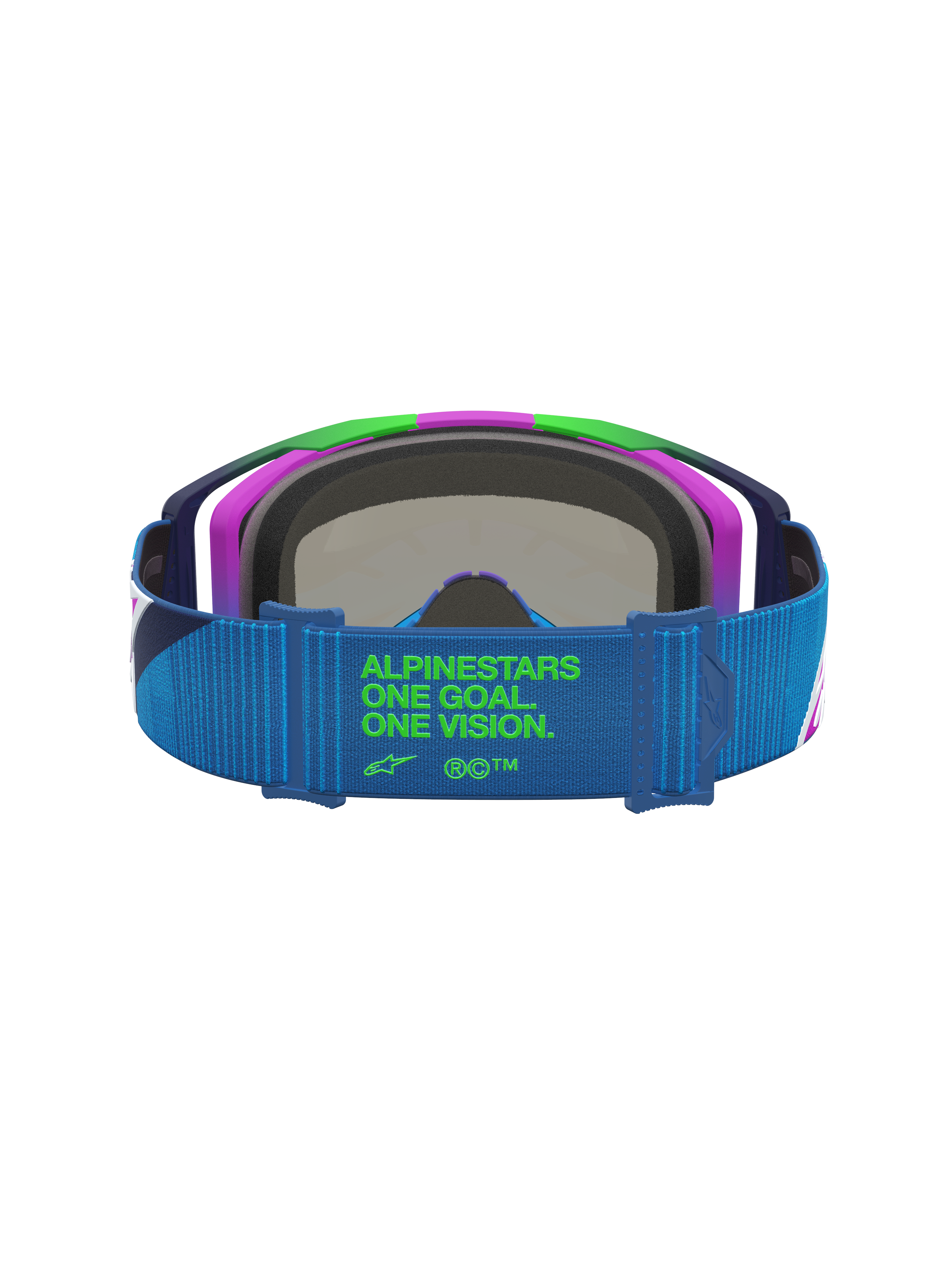 Alpinestars Vision 8 Maven veiligheidsbril, motorcross, blauw en paars, blauwe band met groen One Goal One Vision logo.