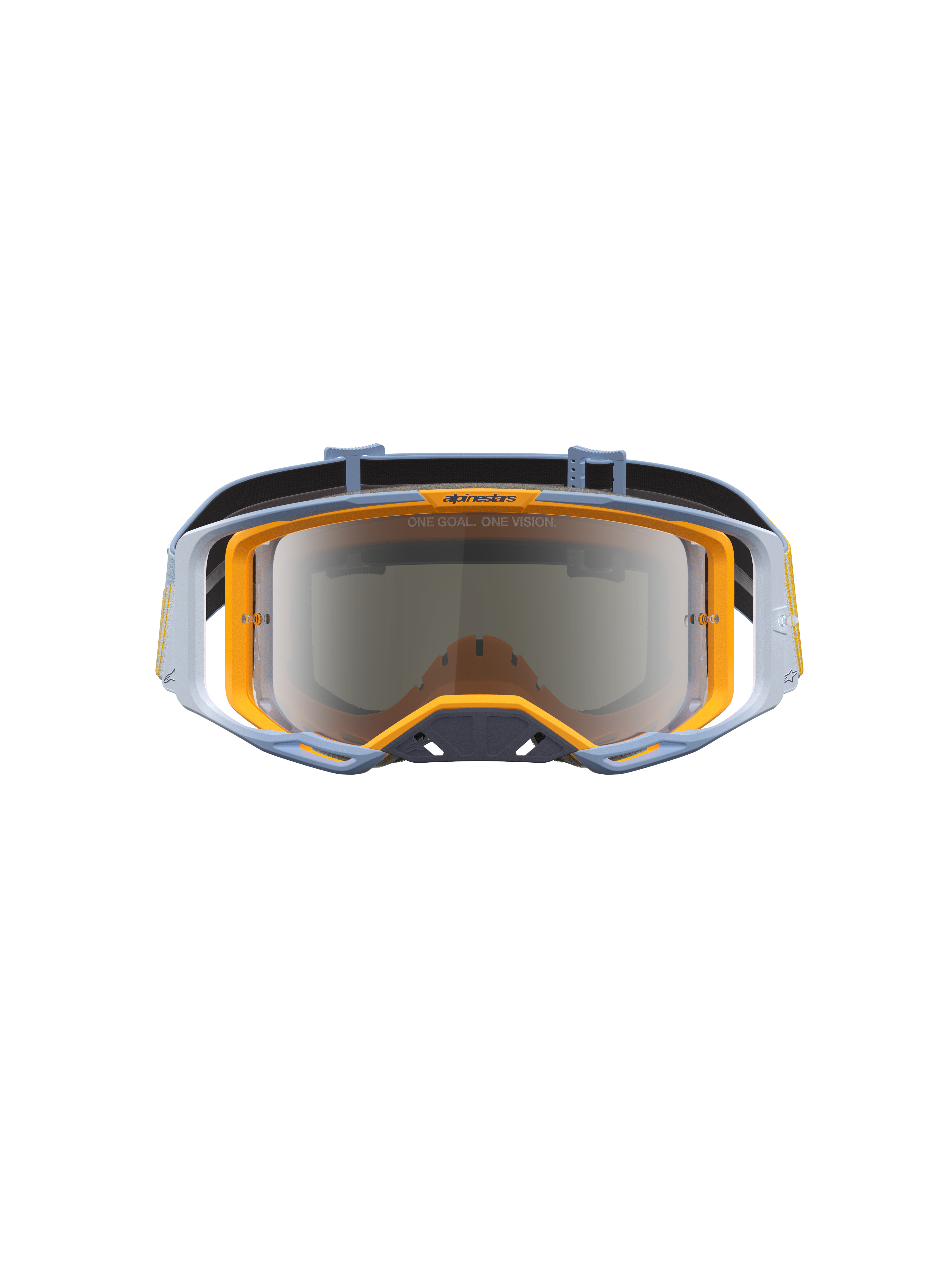 Alpinestars Vision 8 Maven Motocross Goggles in Dust Blue and Orange, featuring a silver mirror lens for off-road racing.