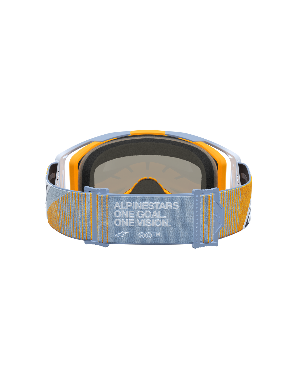 Alpinestars Vision 8 Maven Goggles in blue and orange, featuring the One Goal. One Vision. motto on the motocross strap.