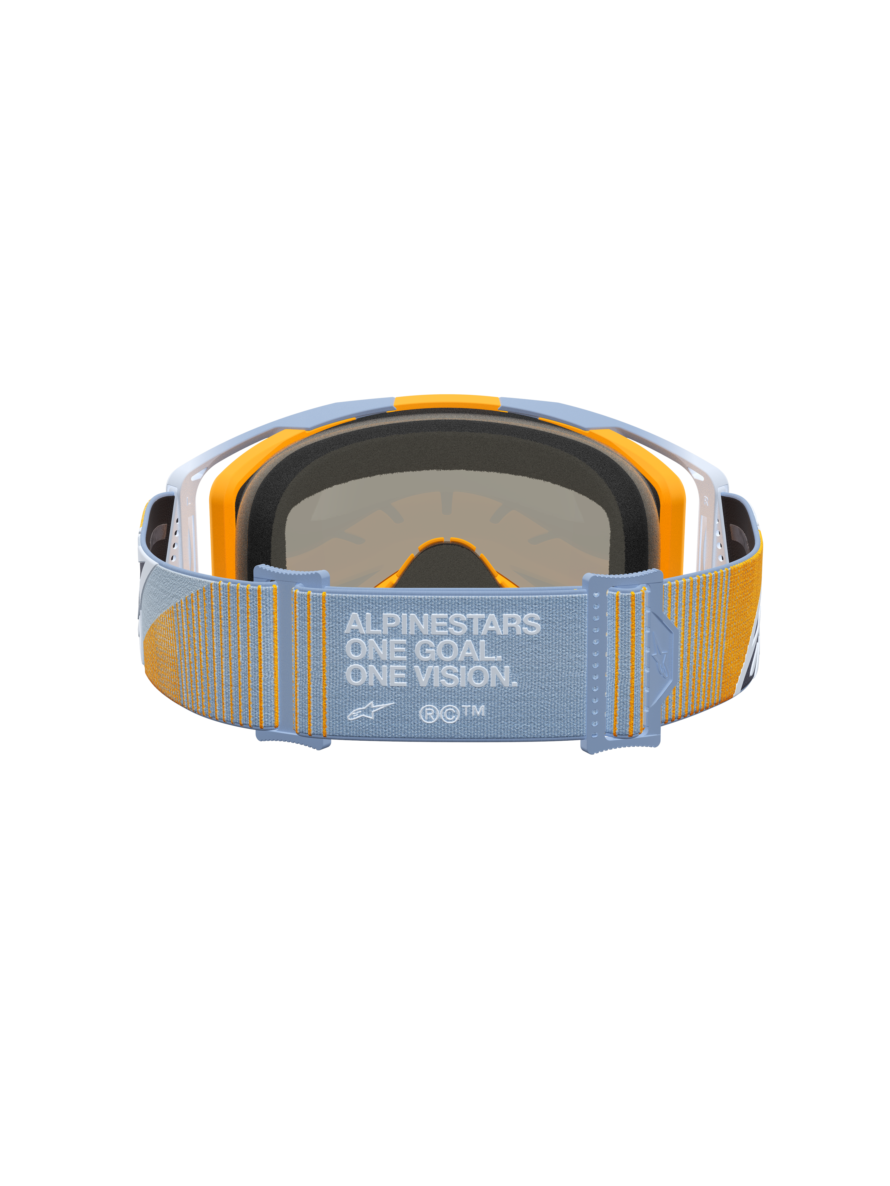 Alpinestars Vision 8 Maven Goggles in blue and orange, featuring the One Goal. One Vision. motto on the motocross strap.