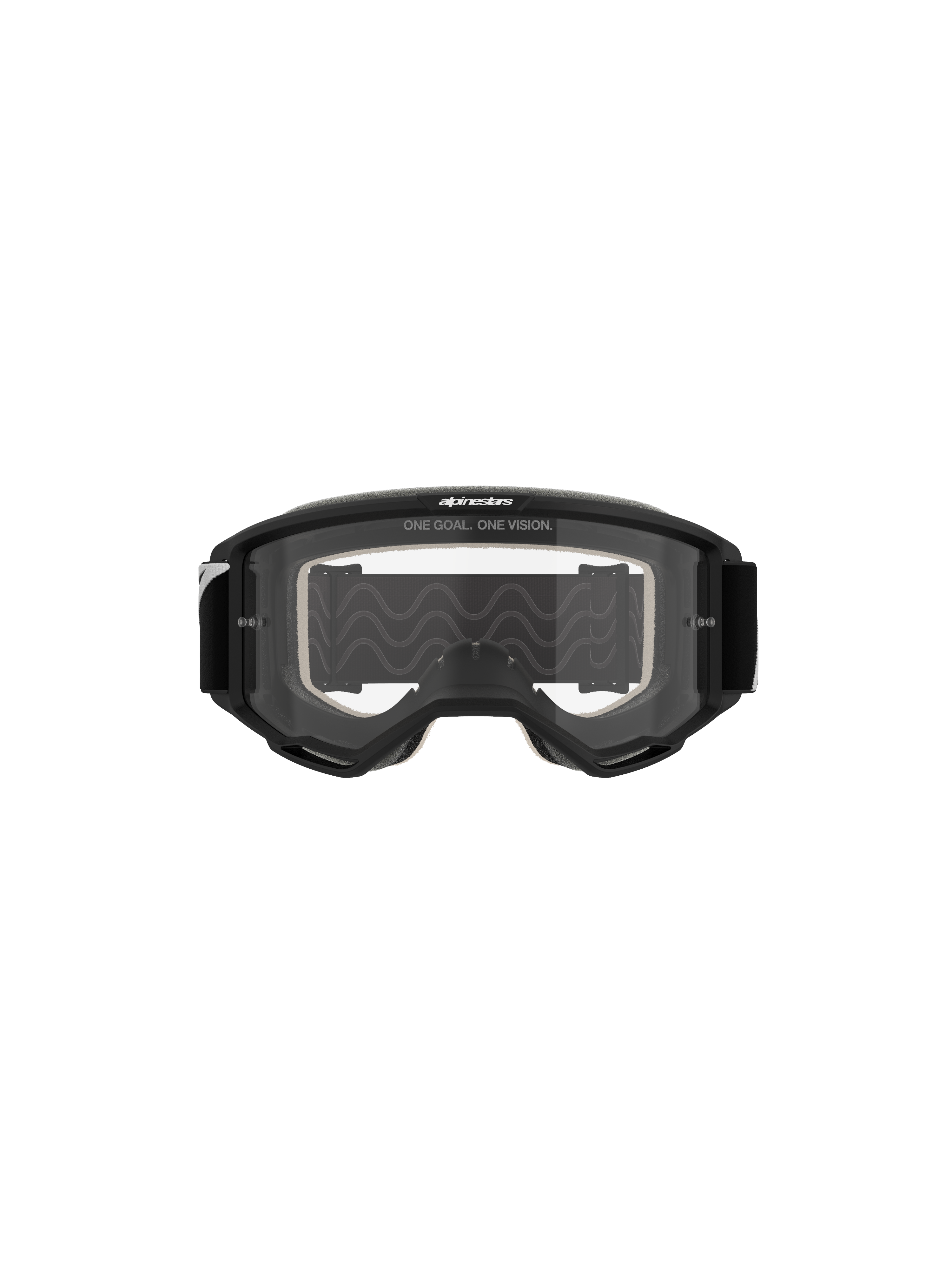 Alpinestars Vision 5 Corp Goggles, motorcrossbril, zwart frame met heldere lens, vooraanzicht, voorzien van 'ONE GOAL. ONE VISION.' tekst op de bovenzijde, breed gezichtsveld voor off-road racen
