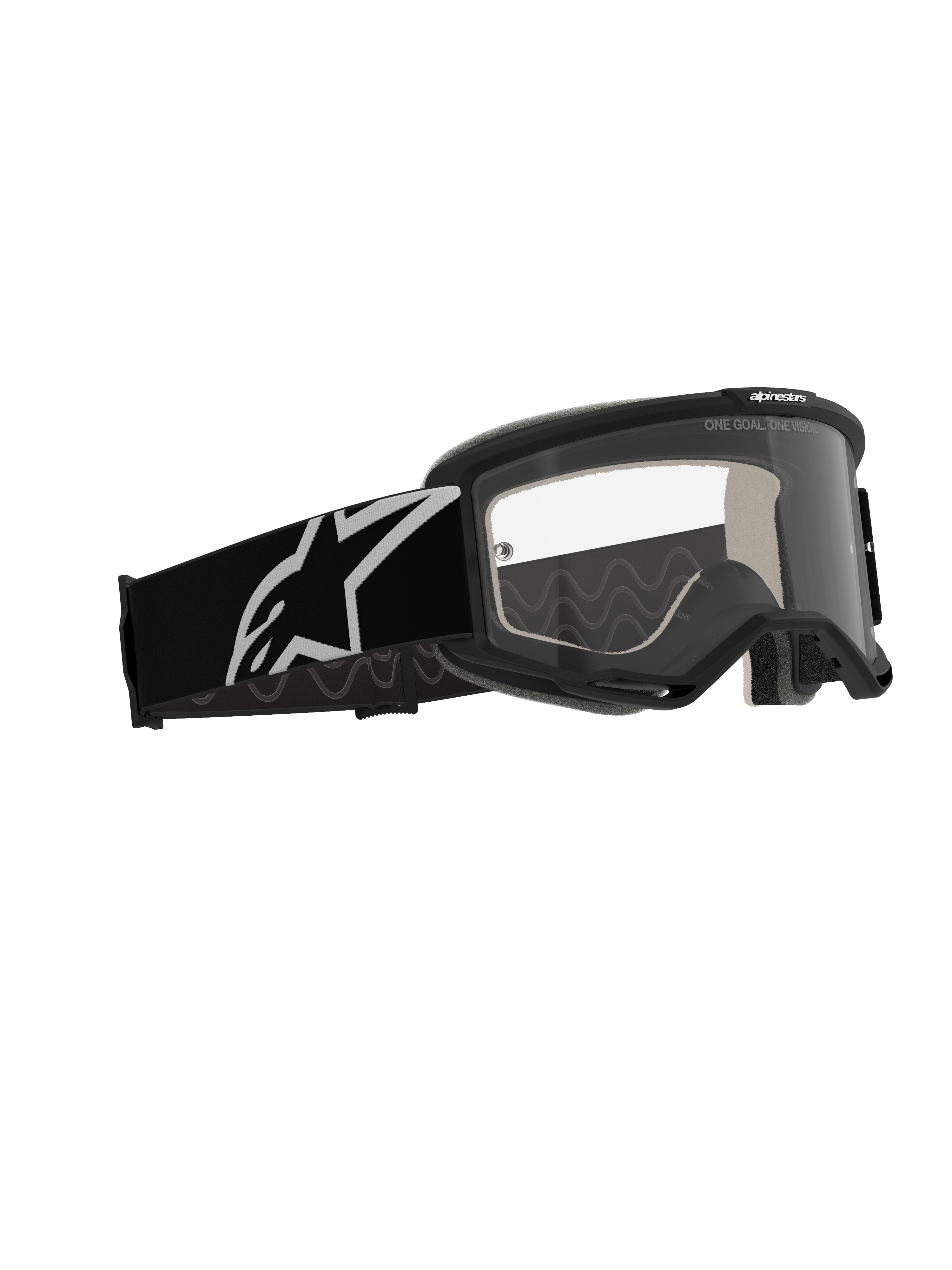 Alpinestars Vision 5 Corp Goggles, motorcrossbril, zwart frame met heldere anti-condens lens, brede zwarte band met een wit Astars-logo, hoogwaardige off-road eyewear met RAM-AIR ventilatie