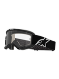 Alpinestars Vision 5 Corp Goggles, motorcrossbril, zwart en transparant, voorzien van een heldere anti-condens lens, zwart frame met RAM-AIR ventilatie en een brede zwarte band met een wit sterlogo, ontworpen voor off-road racen.