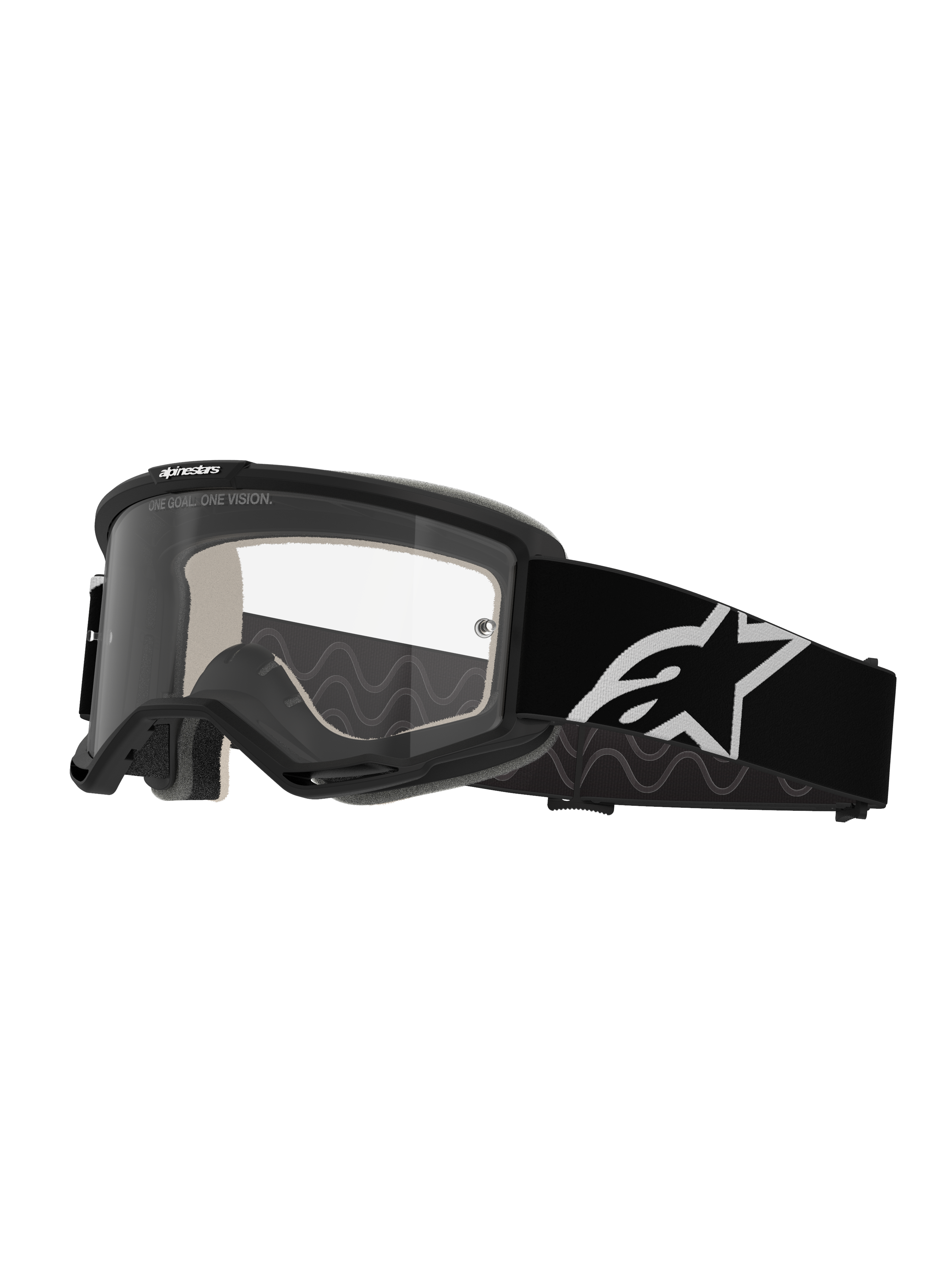 Alpinestars Vision 5 Corp Goggles, motorcrossbril, zwart en transparant, voorzien van een heldere anti-condens lens, zwart frame met RAM-AIR ventilatie en een brede zwarte band met een wit sterlogo, ontworpen voor off-road racen.