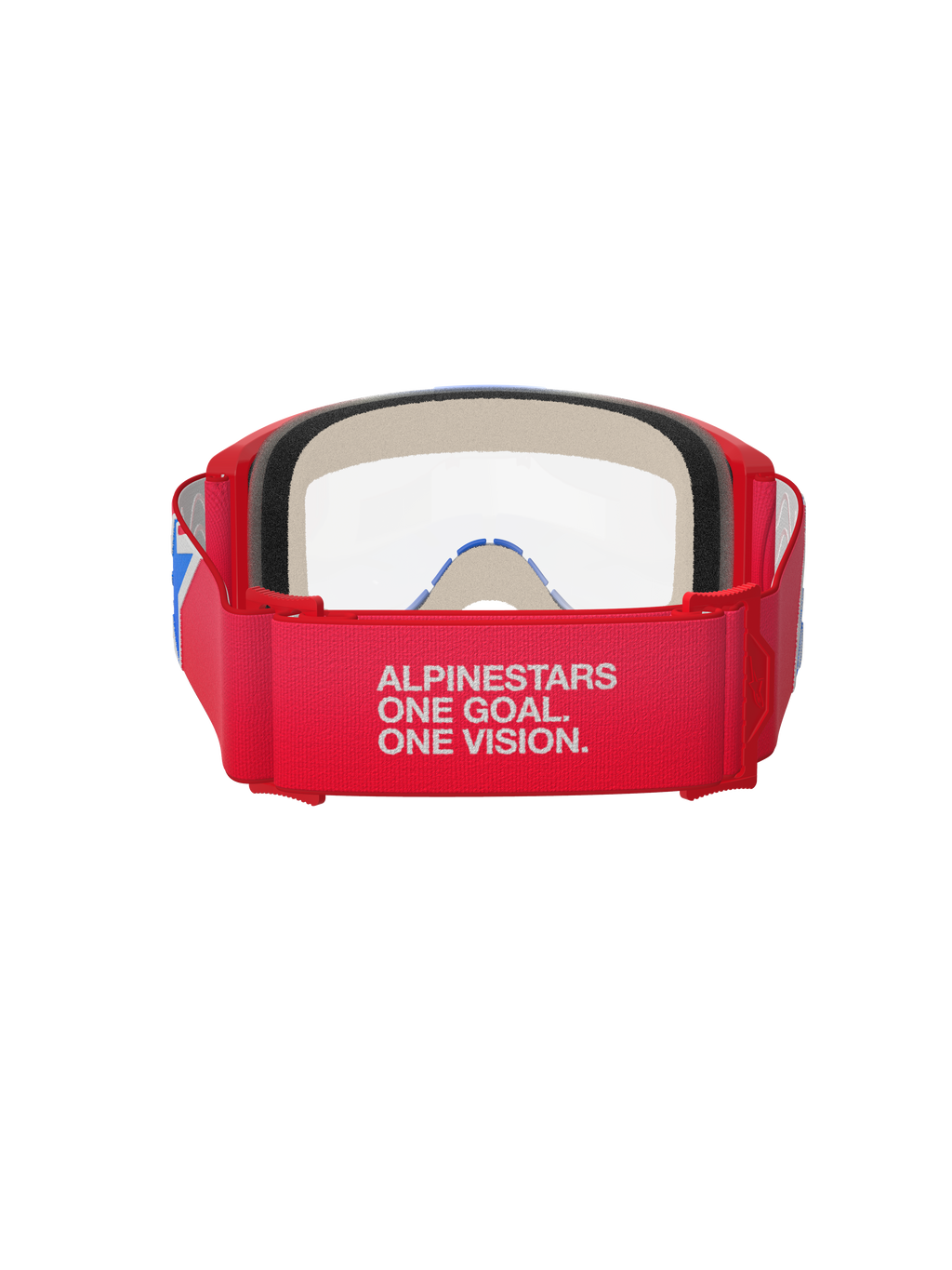 Alpinestars Vision 5 Corp crossbril, motorcrossbril, rood, wit en blauw met heldere lens, achteraanzicht met brede rode geweven band met witte 'ALPINESTARS ONE GOAL. ONE VISION.' branding, rood urethaan frame en dik gezichtsschuim, ontworpen voor professionele off-road prestaties