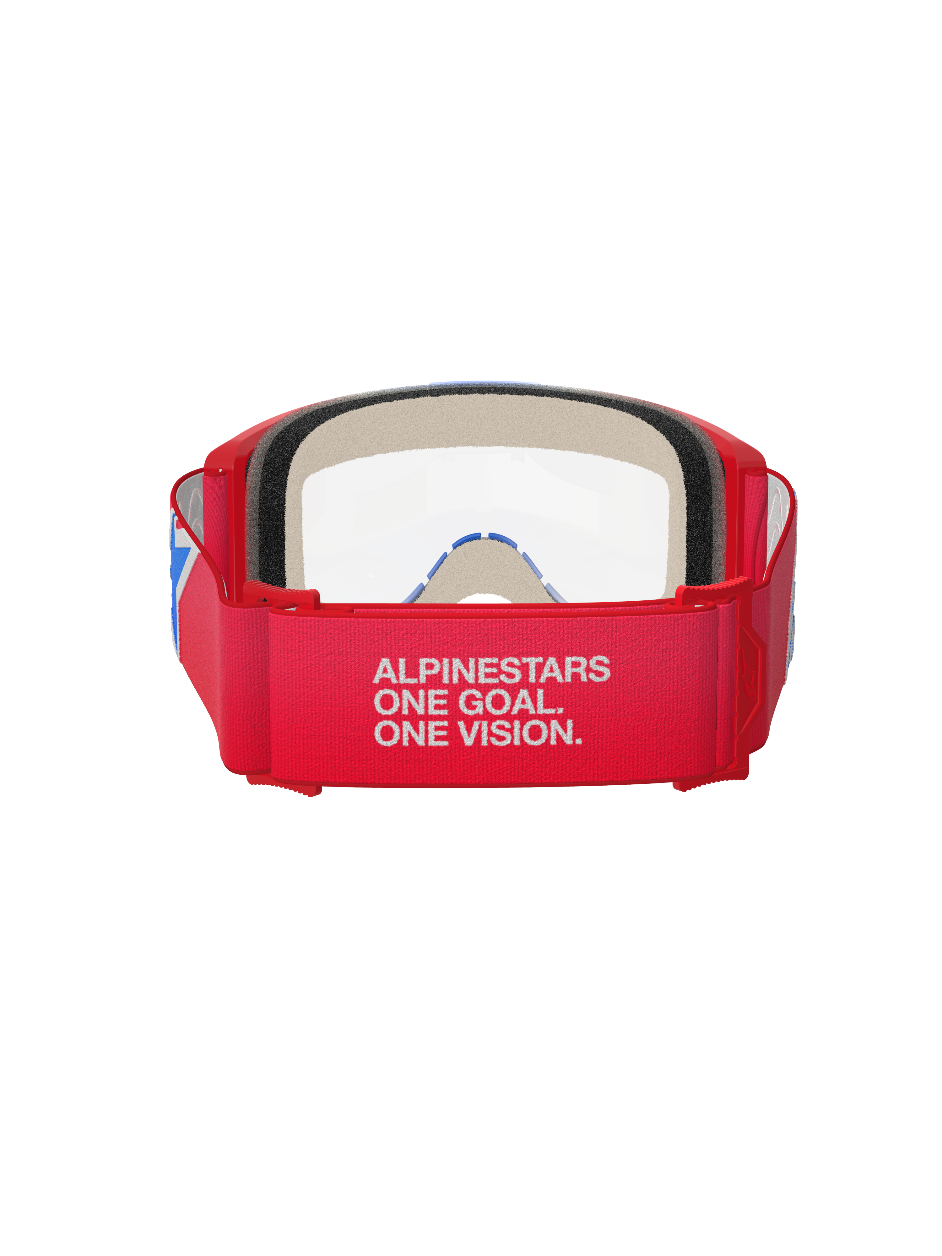 Alpinestars Vision 5 Corp crossbril, motorcrossbril, rood, wit en blauw met heldere lens, achteraanzicht met brede rode geweven band met witte 'ALPINESTARS ONE GOAL. ONE VISION.' branding, rood urethaan frame en dik gezichtsschuim, ontworpen voor professionele off-road prestaties