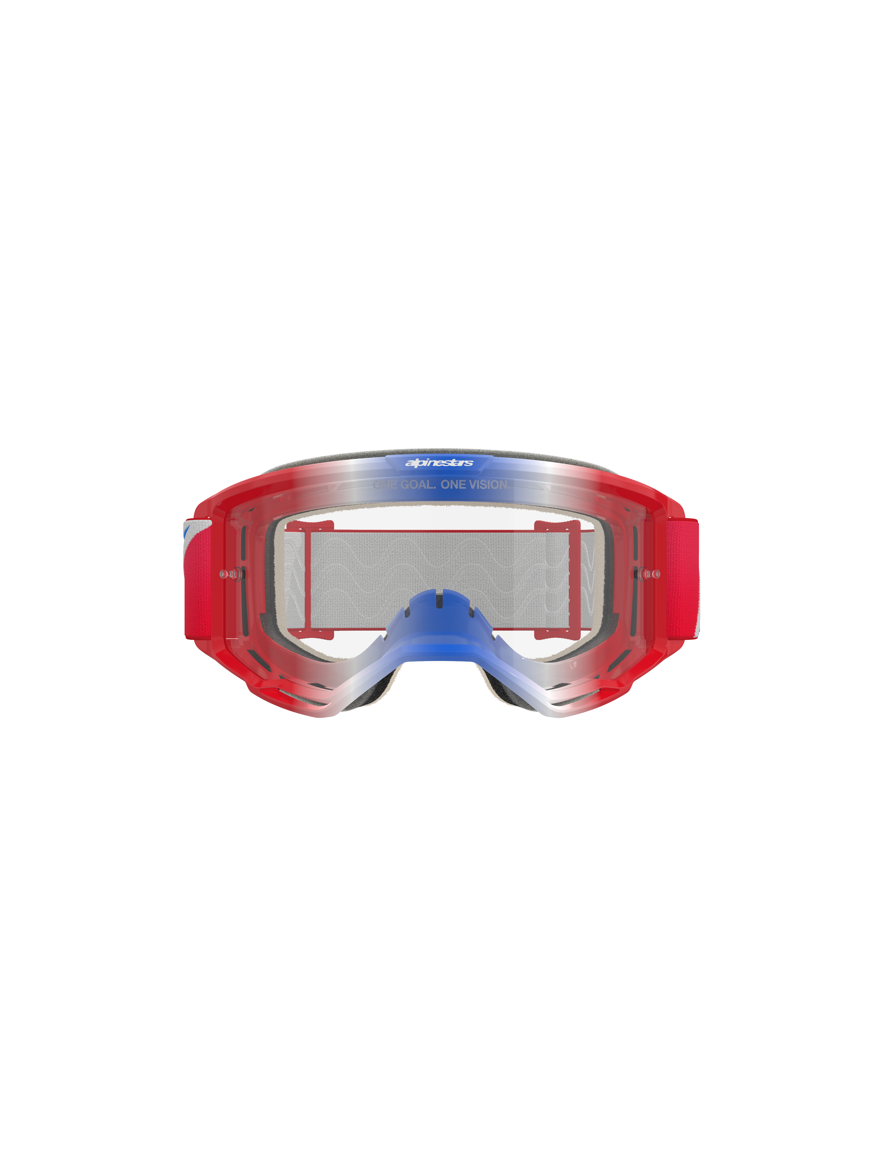 Alpinestars Vision 5 Corp Goggles, motorcrossbril, rood, wit en blauw met heldere lens, rood frame met blauwe en witte kleurverloopaccenten, rode geweven band, voorzien van 'ONE GOAL. ONE VISION.' branding op de lens, duurzame oogbescherming voor off-road racen