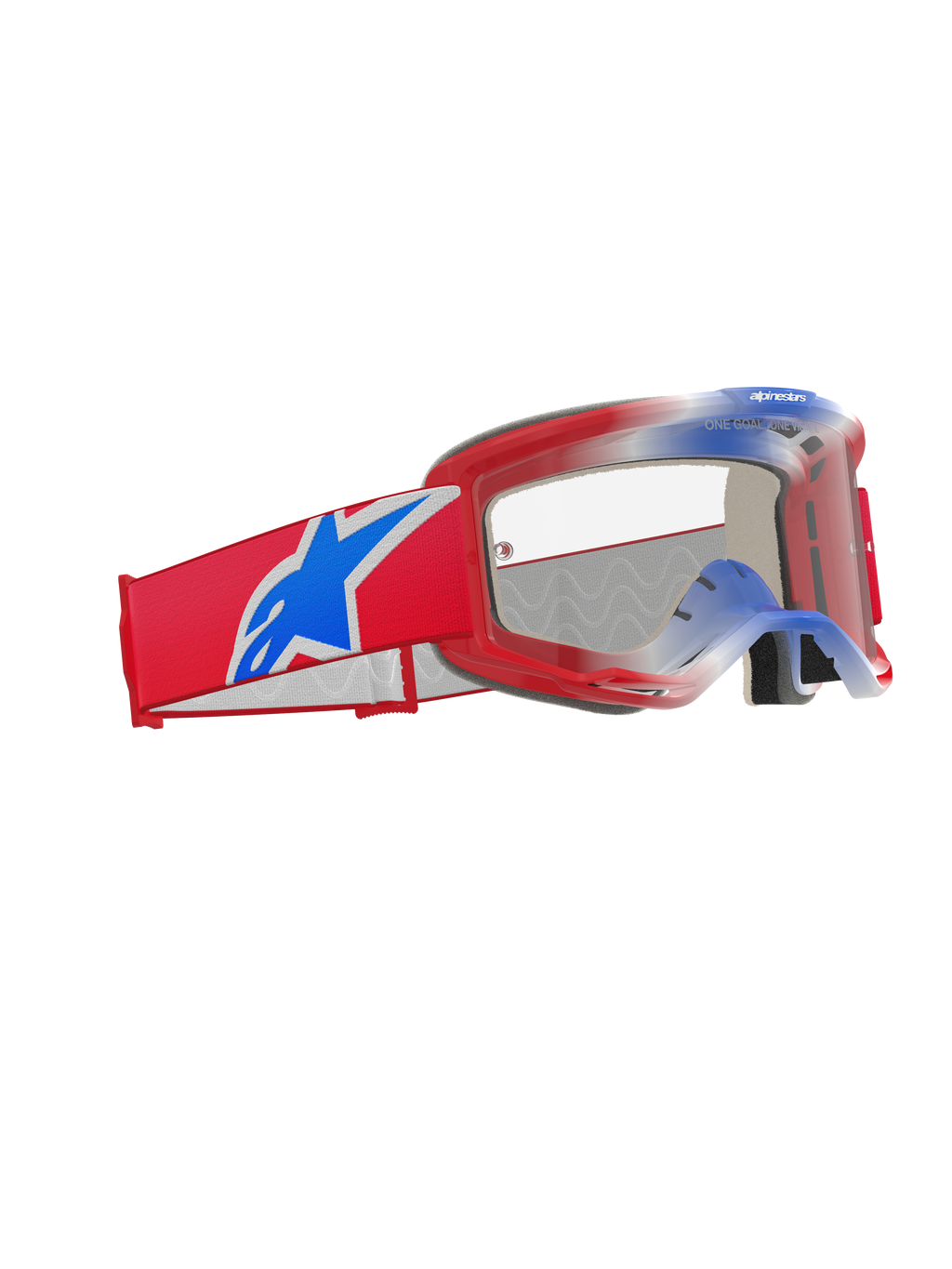 Alpinestars Vision 5 Corp Goggles, motorcrossbril, rood, wit en blauw met heldere lens, voorzien van een brede rode geweven band met een groot blauw Alpinestars sterlogo, lichtgewicht rood A-FLEX frame en hoogwaardige oogbescherming voor off-road racen