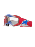 Alpinestars Vision 5 Corp crossbril, motorcrossbril, rood, wit en blauw, heldere lens, rood frame met blauwe en witte kleurverloopaccenten aan de bovenkant, rode band met groot blauw en wit Alpinestars sterlogo, meerlaagse schuimvulling, hoogwaardige racebril