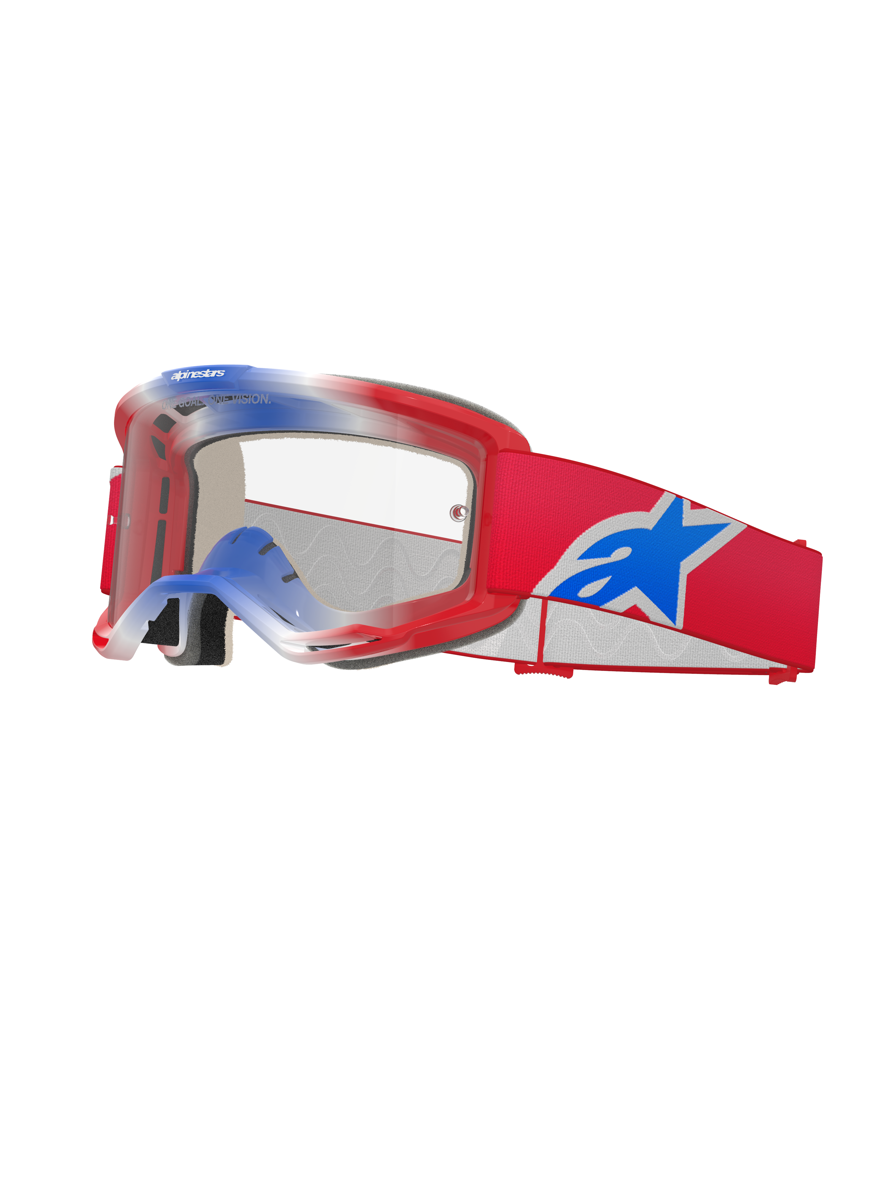 Alpinestars Vision 5 Corp Goggles, Motocross Goggles, Red White and Blue, Clear Lens, Red frame with gradient blue and white top accents, red strap with a large blue and white Alpinestars star logo, multi-layer foam padding, high-performance racing eyewear