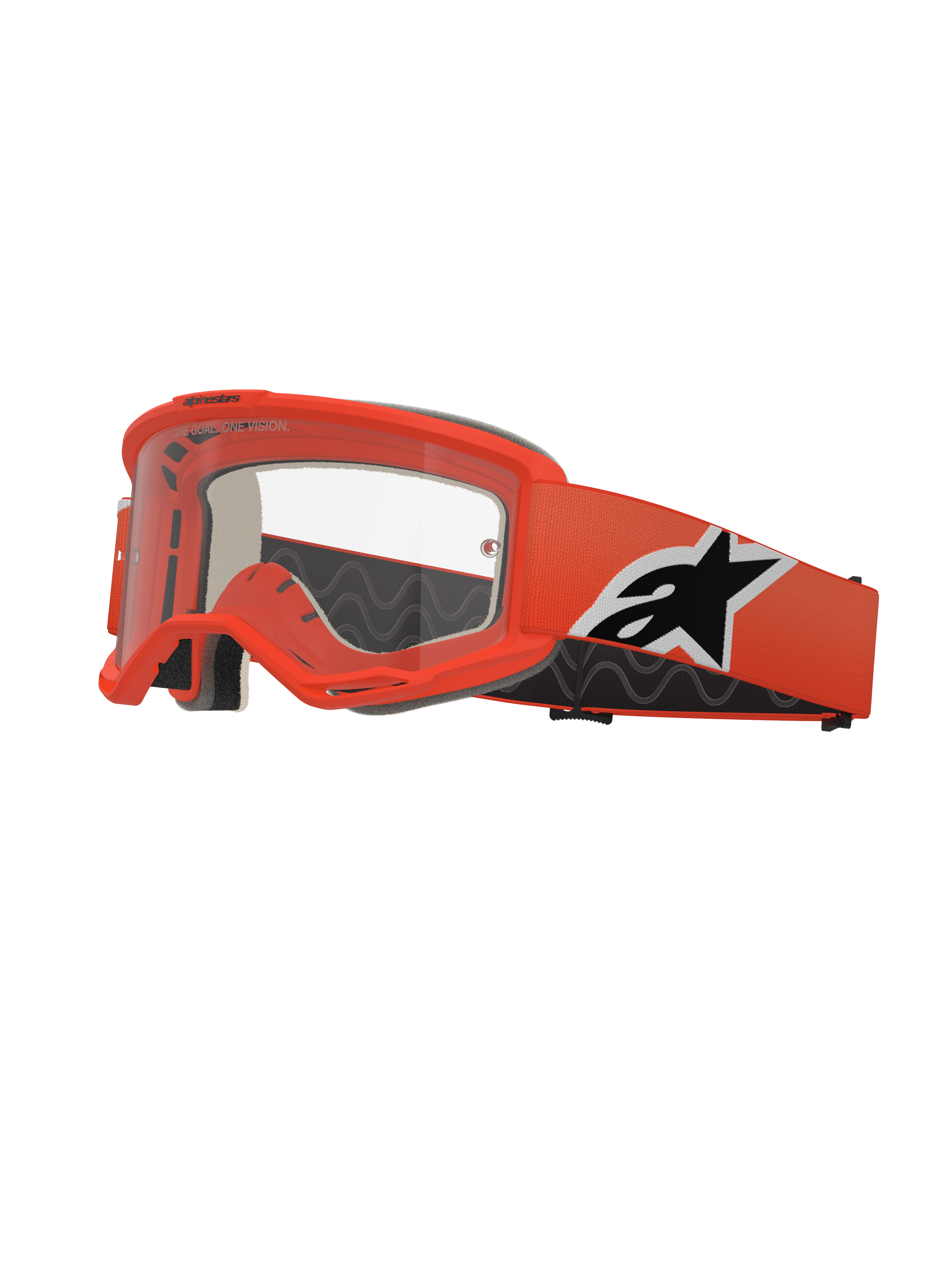 Alpinestars Vision 5 Corp Goggles, Motocross Goggles, Bright Orange, Clear lens, orange strap with black and white Alpinestars logo, thick black face foam, RAM-AIR ventilation slots, aerodynamic design for off-road racing