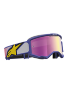 Alpinestars Vision 5 Drag Motocross Goggles in purple and pink with a mirror lens and bold yellow logo.