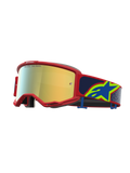 Alpinestars Vision 5 Drag veiligheidsbril, motorcrossbril met rood frame, gouden spiegellens en blauwe band met sterlogo.