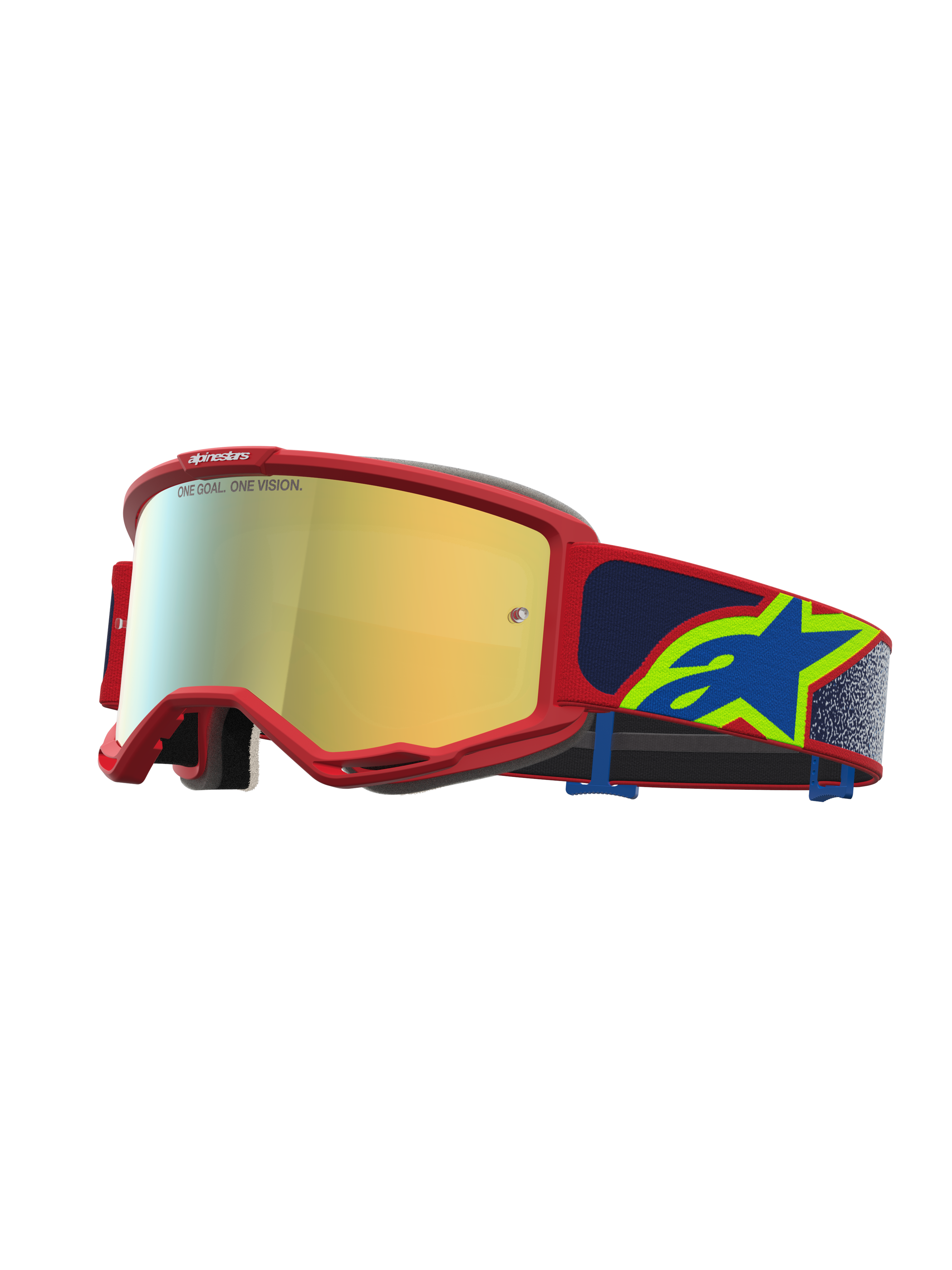 Alpinestars Vision 5 Drag, masque de motocross avec cadre rouge et écran miroir doré, bandeau bleu à logo étoile, ventilation RAM-AIR pour le tout-terrain