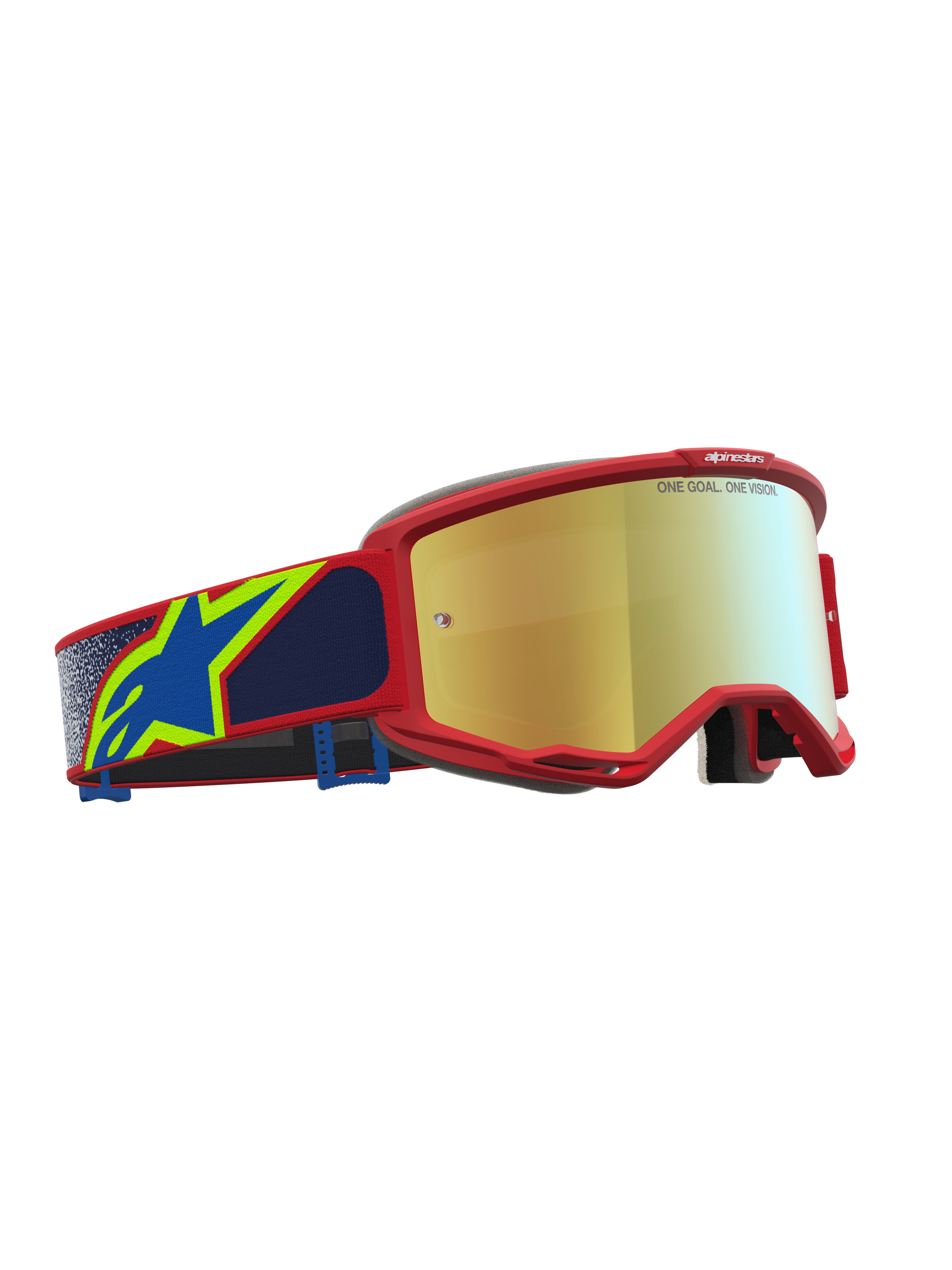 Alpinestars Vision 5 Drag Goggles, Motocross Goggles with Red Frame, Blue Accents, and Gold Mirror Lens, A-FLEX Urethane.