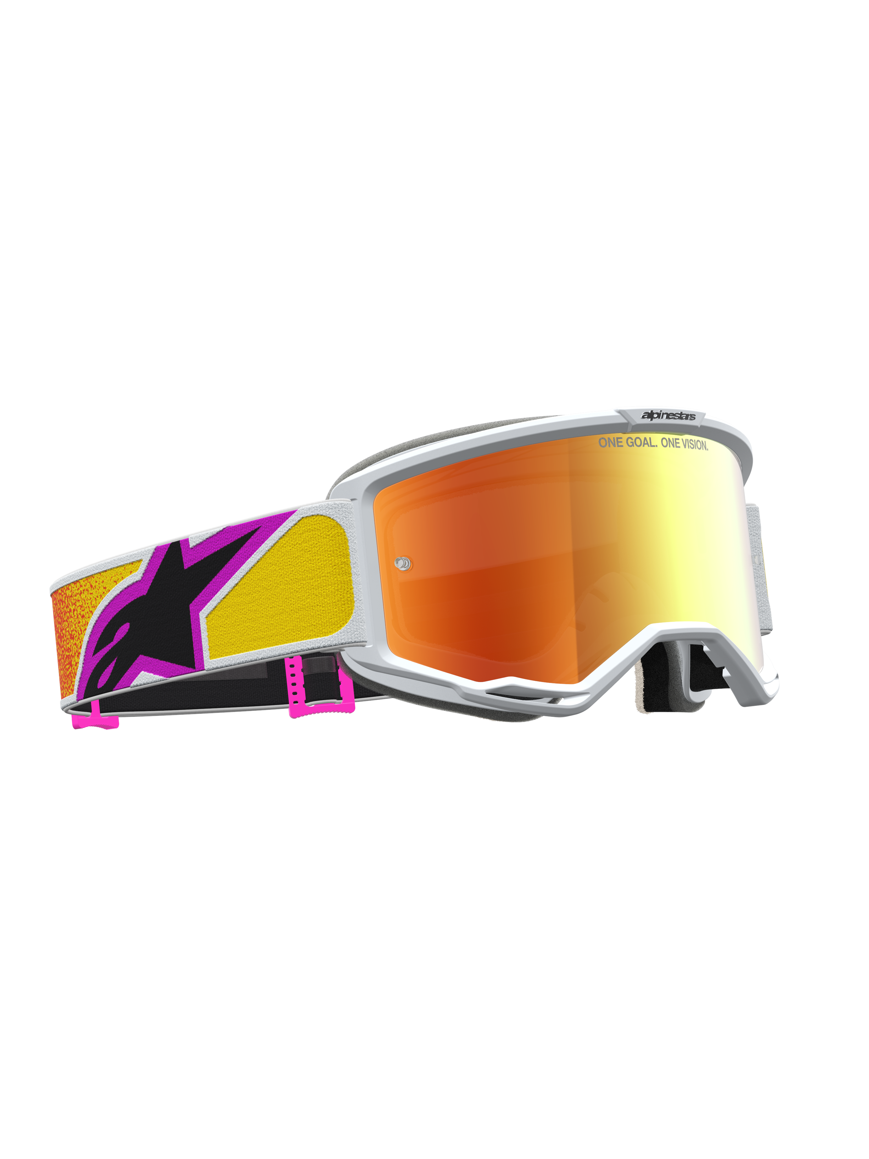 Alpinestars Vision 5 Drag Veiligheidsbril, motocross racing, wit frame, oranje en rood gespiegelde lens, A-FLEX constructie.