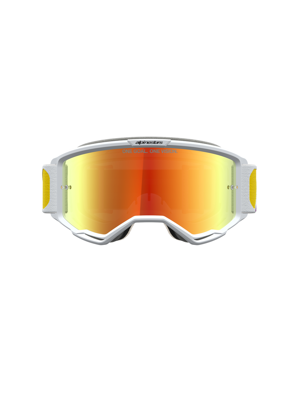 Alpinestars Vision 5 Drag veiligheidsbril, witte motorcrossbril met oranje-rood gespiegelde lens en RAM-AIR ventilatie.