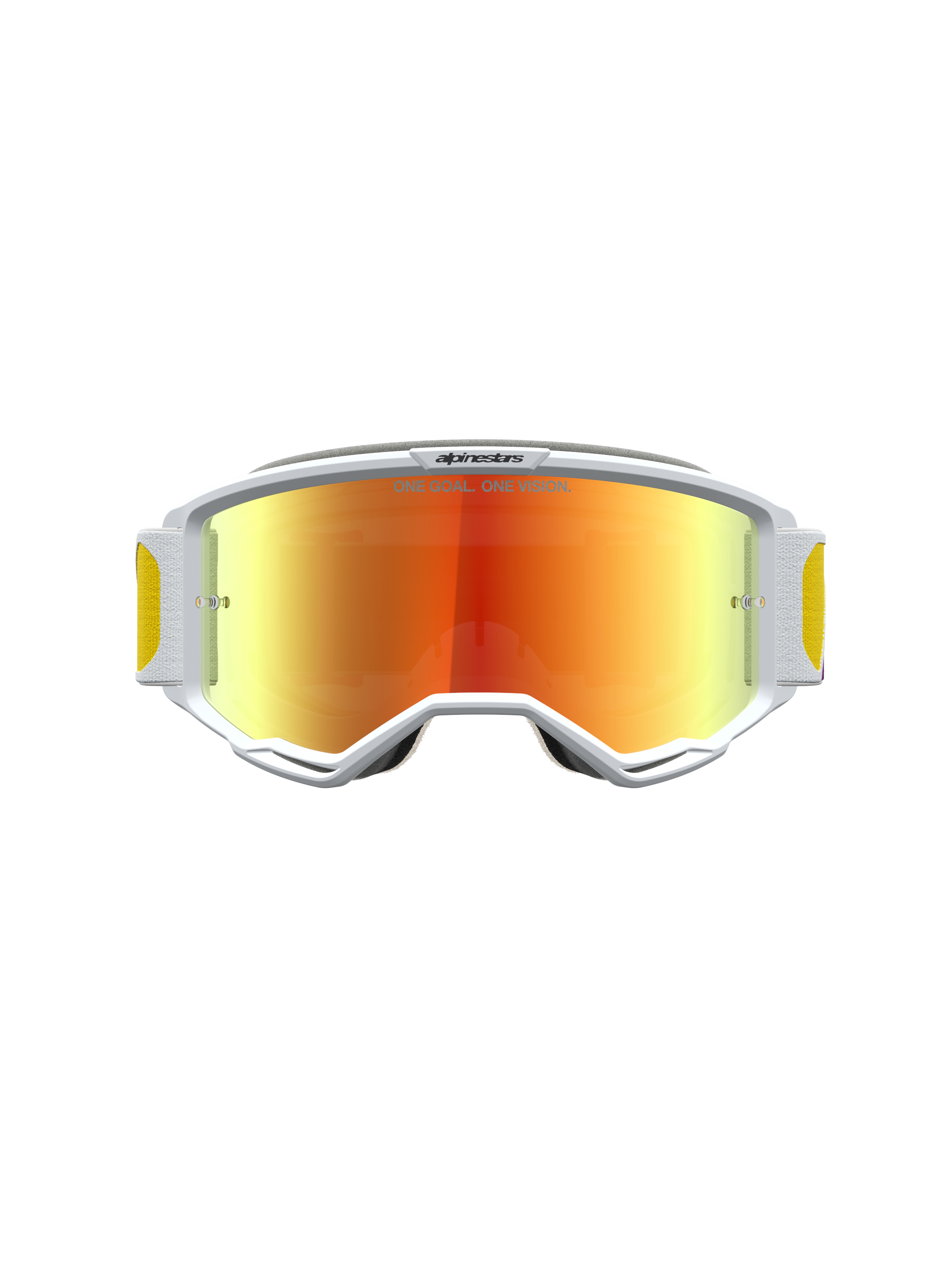 Alpinestars Vision 5 Drag veiligheidsbril, witte motorcrossbril met oranje-rood gespiegelde lens en RAM-AIR ventilatie.